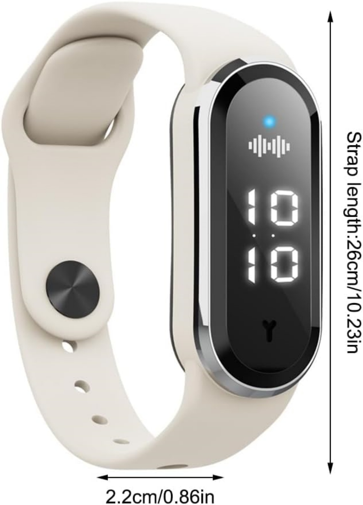 Eine weiße Smartwatch mit schwarzem Display und silbernem Rahmen. Zeit: 10:10.