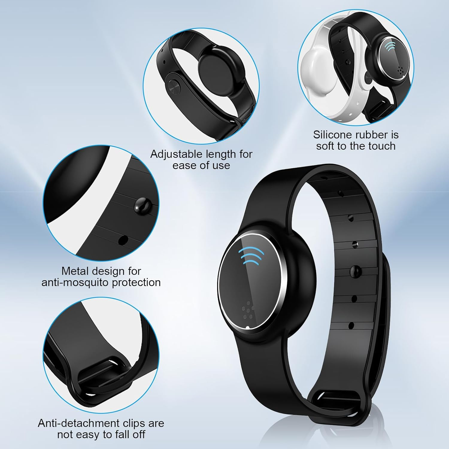 Schwarzes Armband mit Metallakzenten, verstellbar und sicher.