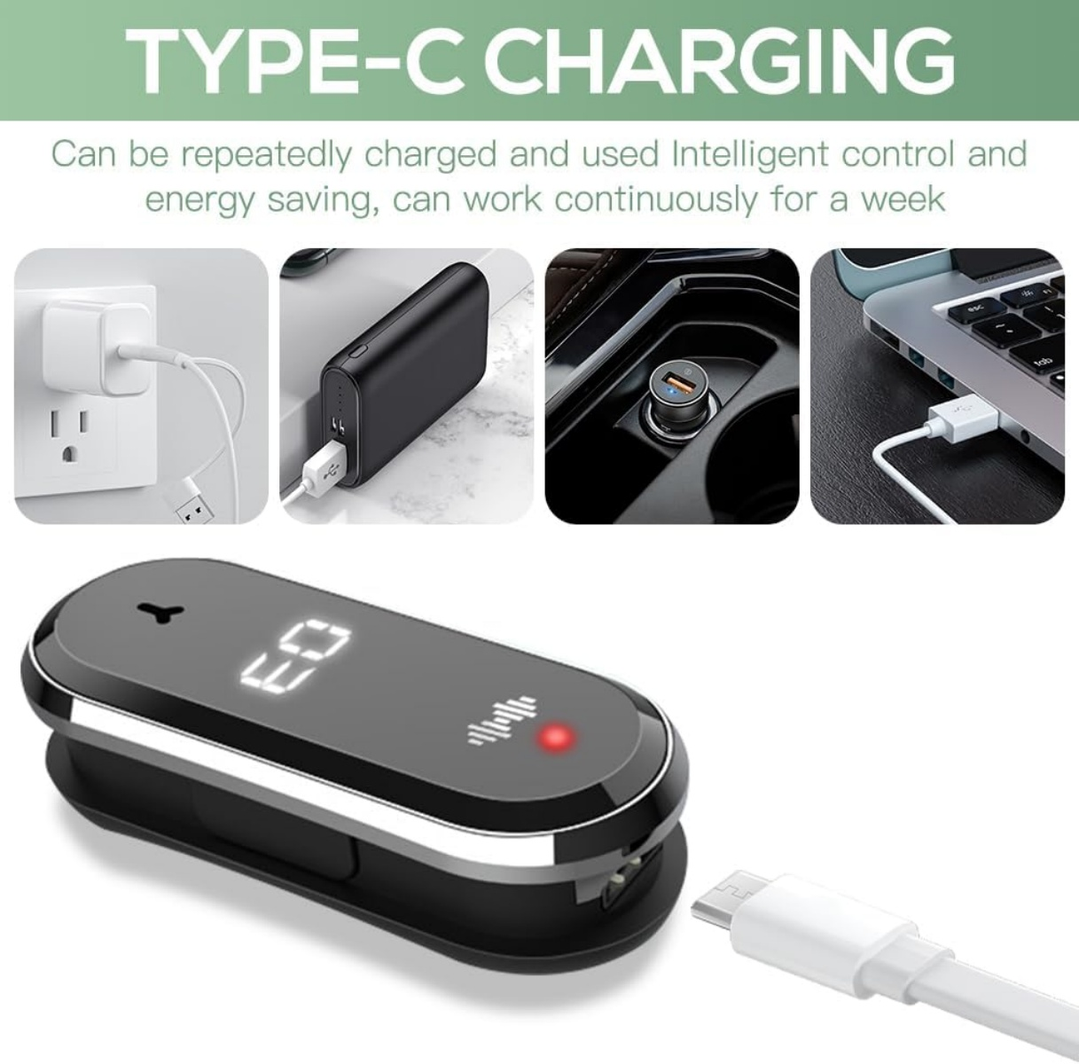 Ein schwarzes Ladegerät mit digitaler Anzeige und roten Lämpchen, daneben ein USB-C-Kabel.