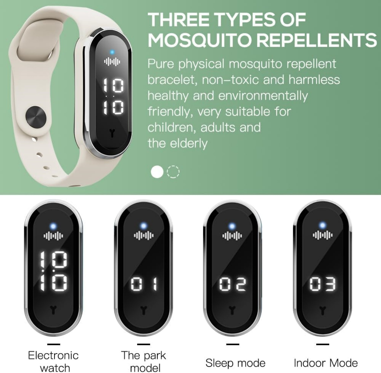 Armband-Mückenschutz in 4 Modi: Uhr, Park, Schlaf, Innen. Weißes Band, digitale Anzeige.