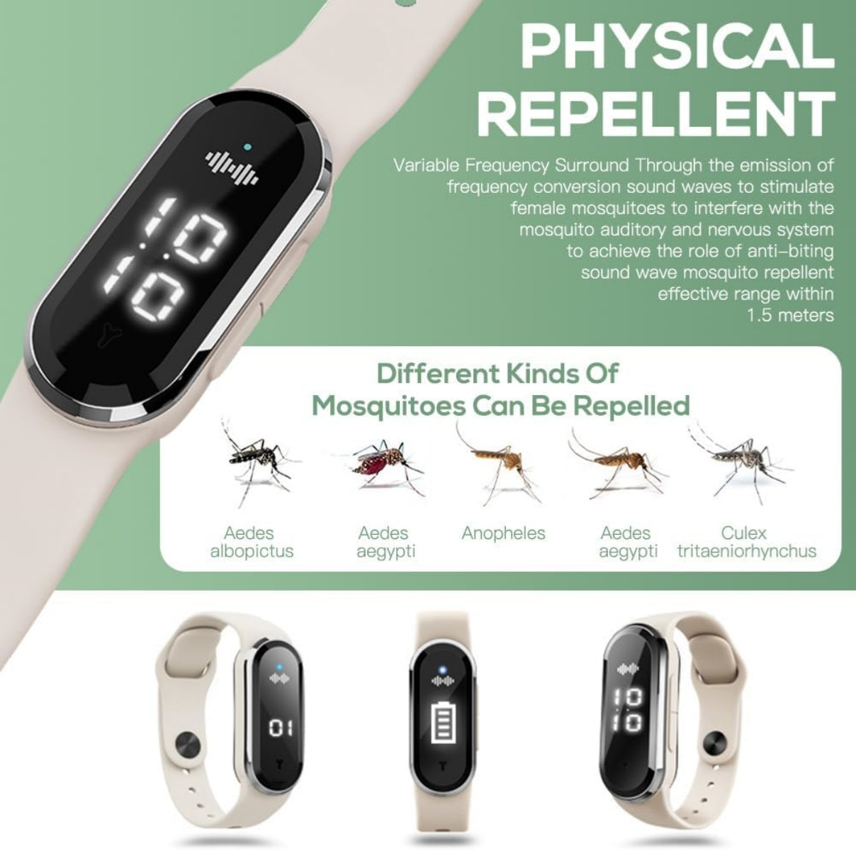 Armband-Moskitoschutz mit digitaler Anzeige, zeigt verschiedene Moskitos.