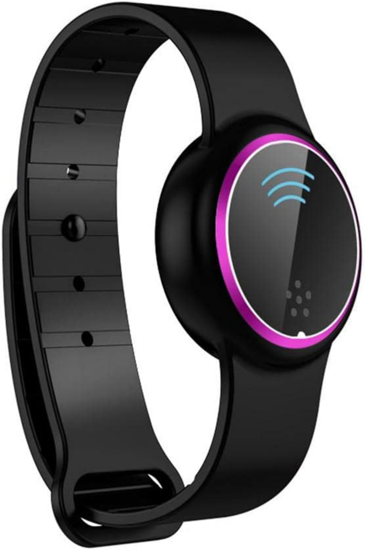 Schwarzes Armband mit rundem Display und pinkem Rand. Blaue Wellen auf dem Display.