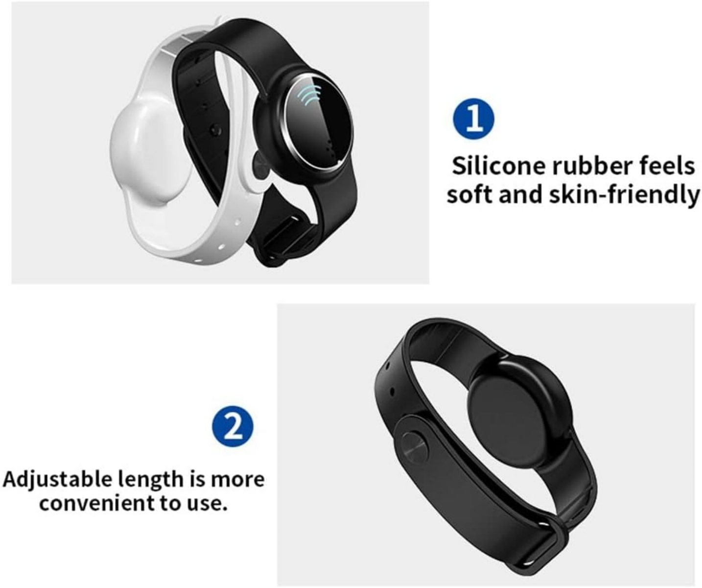 Zwei Armbänder, eins schwarz, eins weiß. Eines mit Display, das andere ohne.