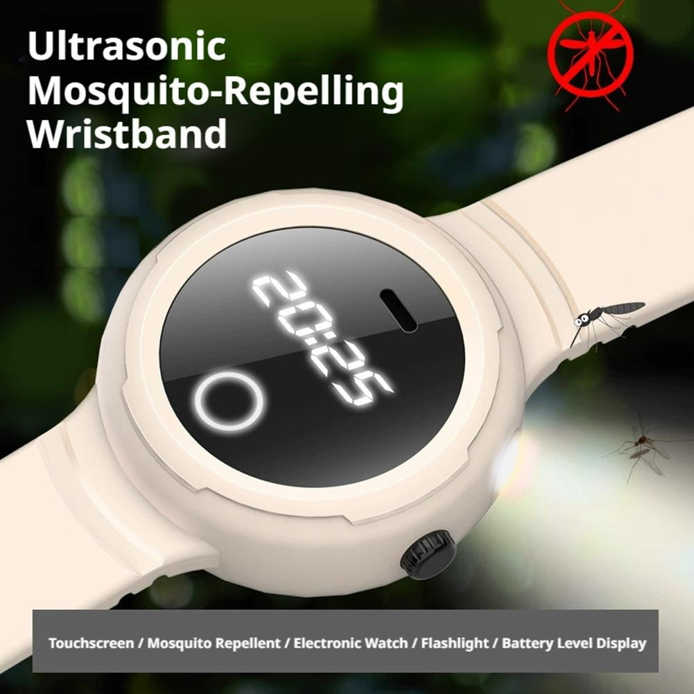 Ein helles Armband mit digitaler Anzeige zeigt 20:25. Moskitos sind abgebildet.