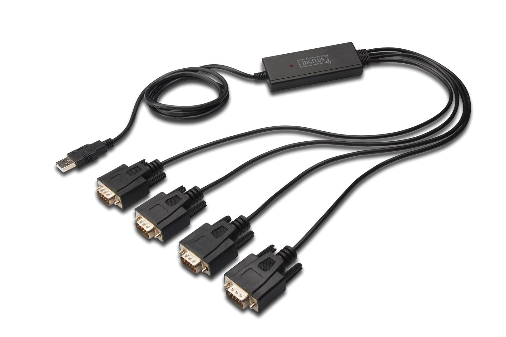 Cavo adattatore da USB a 4x RS232 con connettore nero e tre porte DB9.