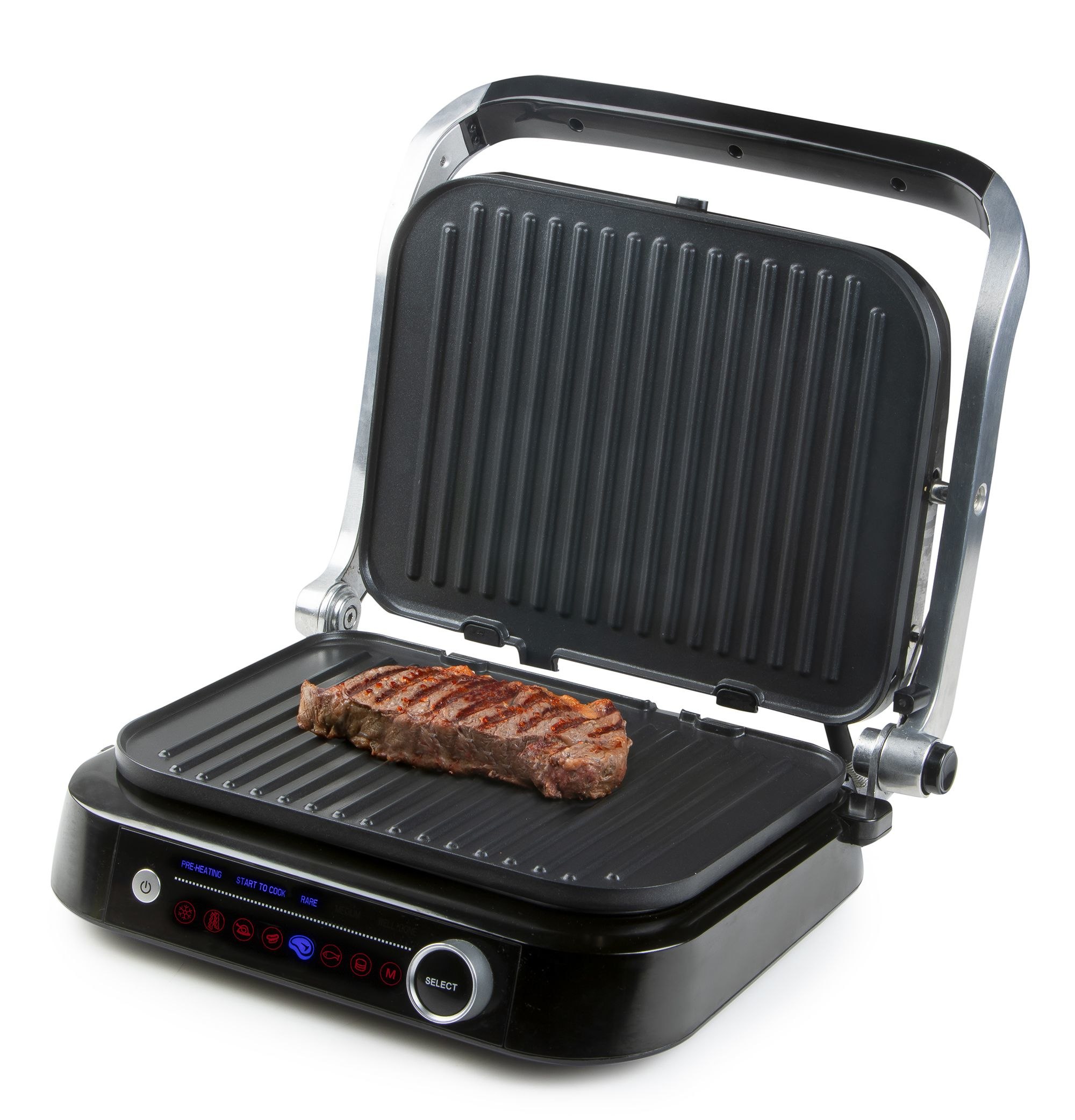 Ein Steak gart auf einem offenen Elektrogrill mit Digitalanzeige.