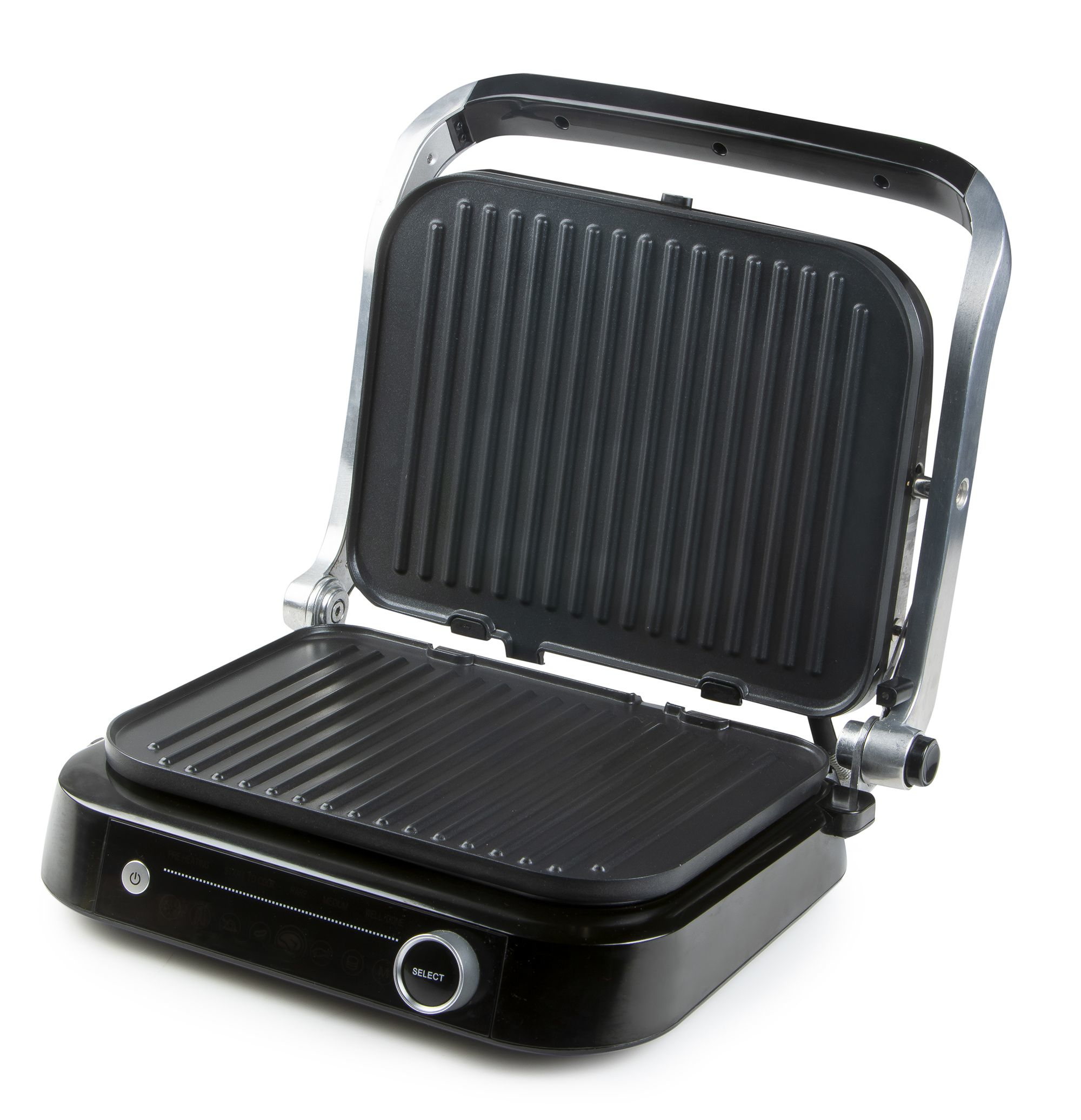 Ein offener, schwarzer Kontaktgrill mit silbernem Griff und Bedienelementen.
