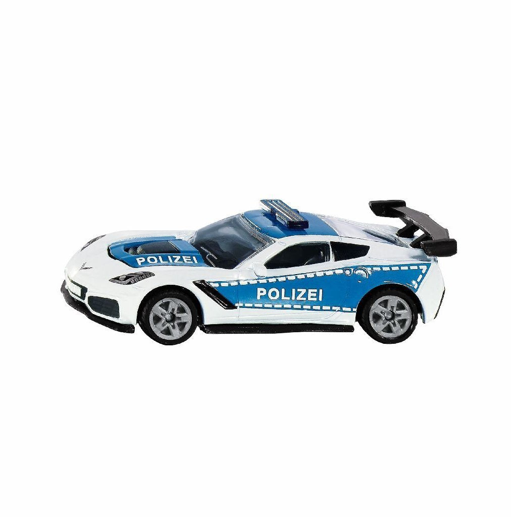 Ein weißes und blaues Spielzeugauto der Polizei mit Spoiler und Blaulicht.