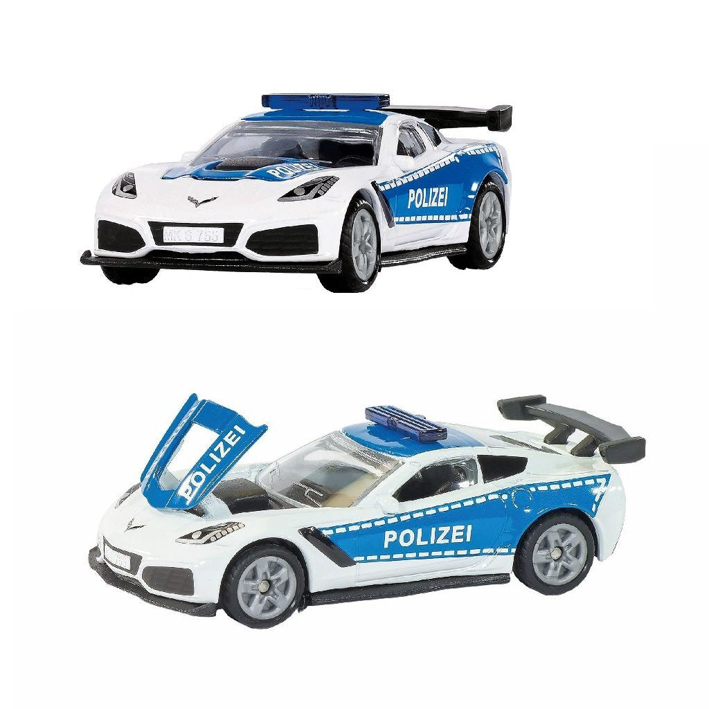 Zwei weiße Polizei-Spielzeugautos mit blauen Streifen und dem Wort POLIZEI.