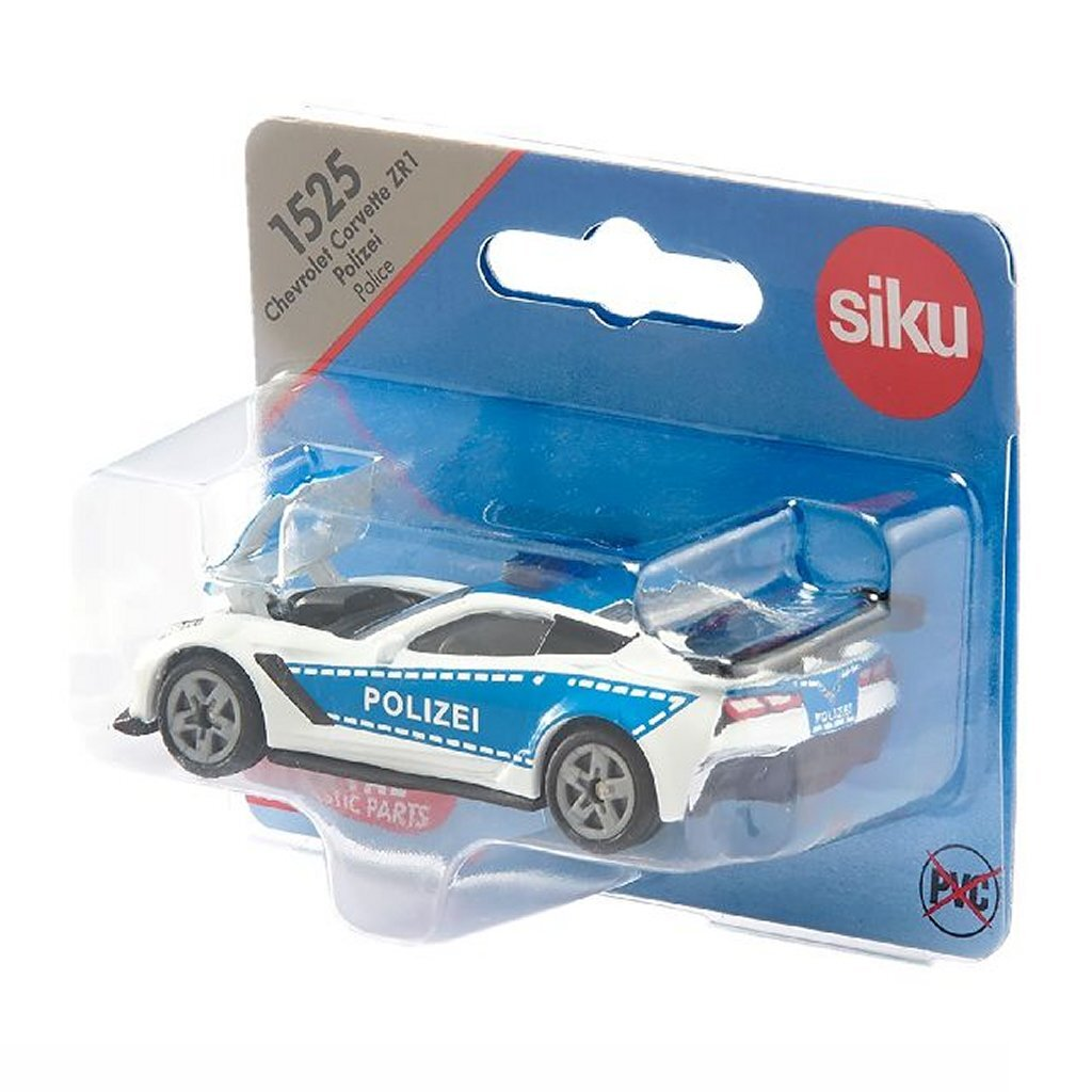 Ein weißes Polizeiauto-Spielzeug mit blauen Streifen in der Verpackung.