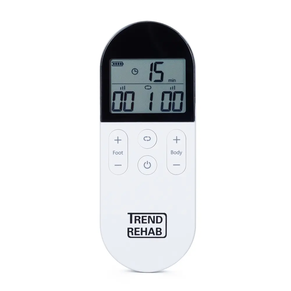 Ein weißes Massagegerät mit LCD-Anzeige und Tasten für Fuß und Körper.