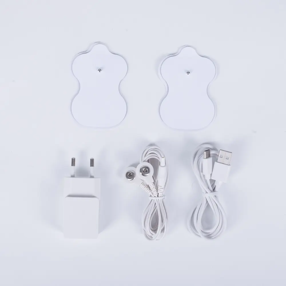Zwei weiße Elektrodenpads, ein Netzstecker, ein Ladekabel und ein Kabel mit zwei Anschlüssen.