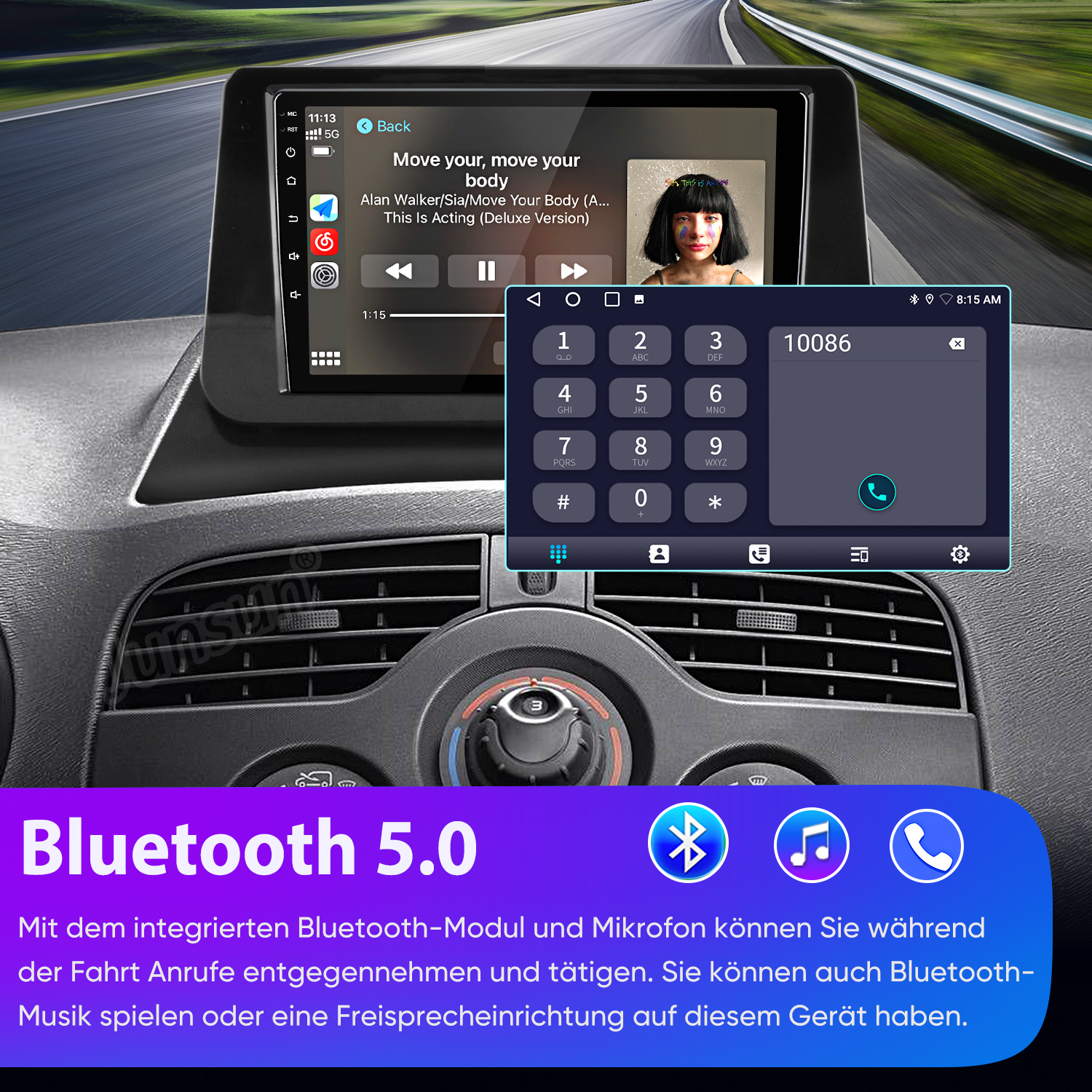 Auto-Infotainment-System mit Musikwiedergabe und Telefonfunktion.