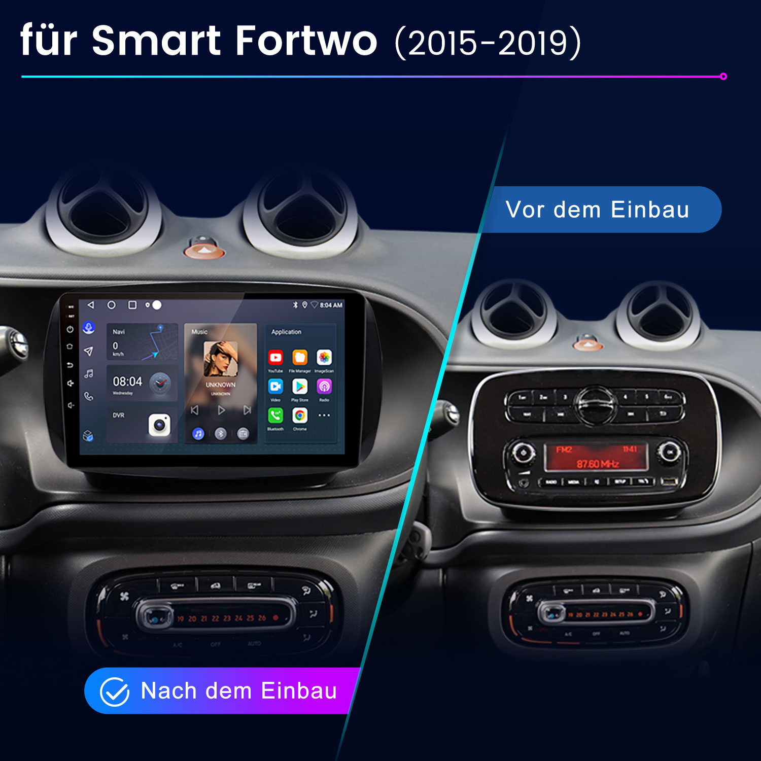 SMORGR Mercedes Benz Smart 453 Fortwo 2015-2019 CarPlay Autoradio, FM, Bluetooth, Schwarz