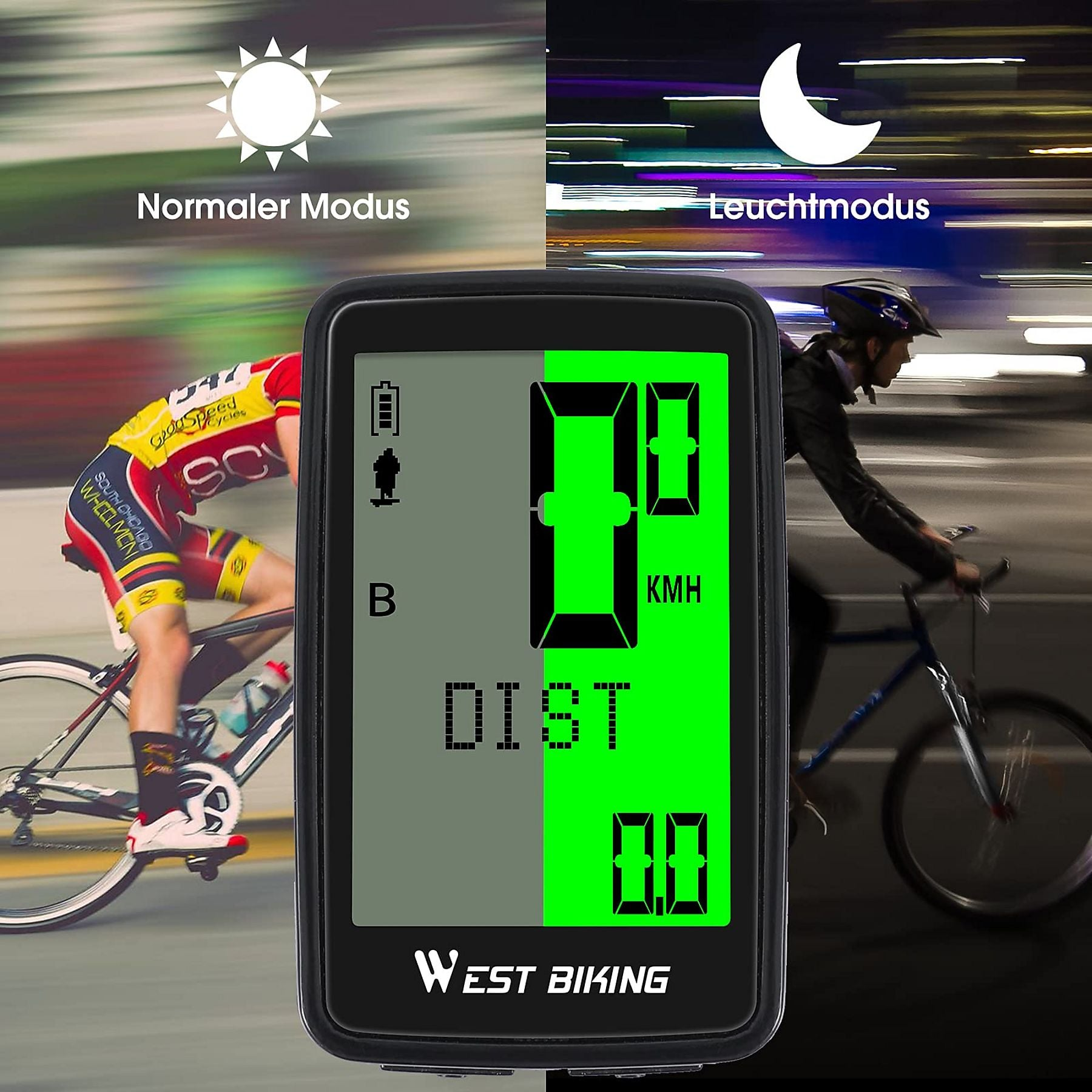 Fahrradcomputer zeigt Tag- und Nachtmodus, Geschwindigkeit und Distanz.