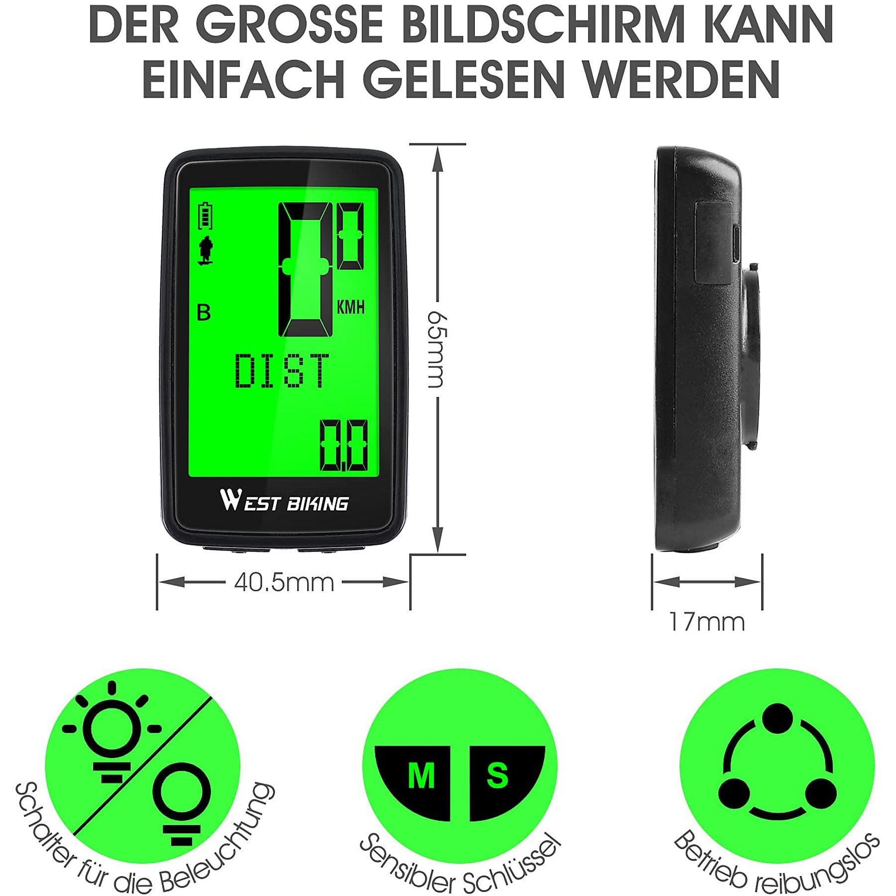 Ein Fahrradcomputer mit grünem Display zeigt Distanz und Geschwindigkeit. Maße sind angegeben.