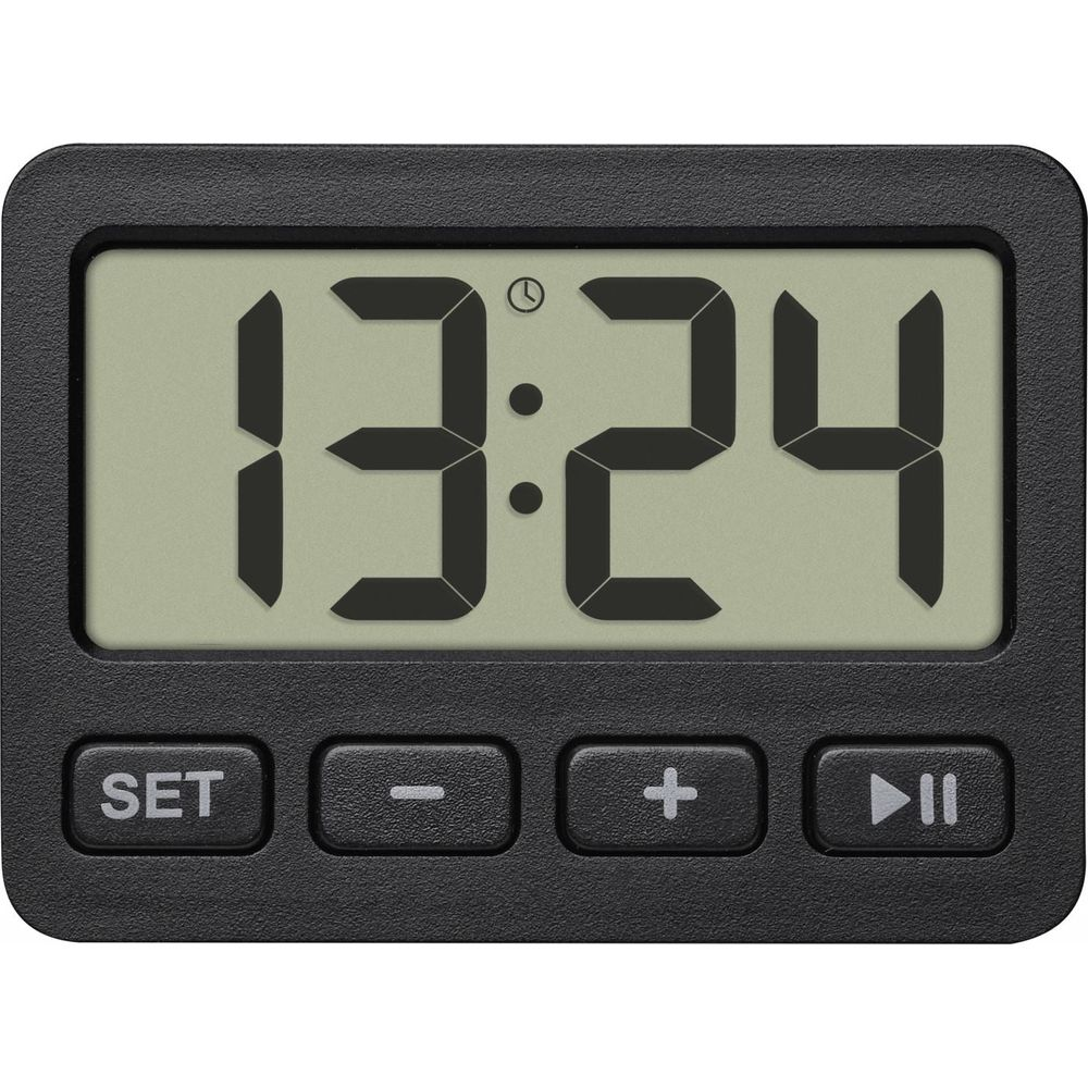 Digitaluhr zeigt 13:24 an, mit Tasten SET, -, + und Play/Pause.