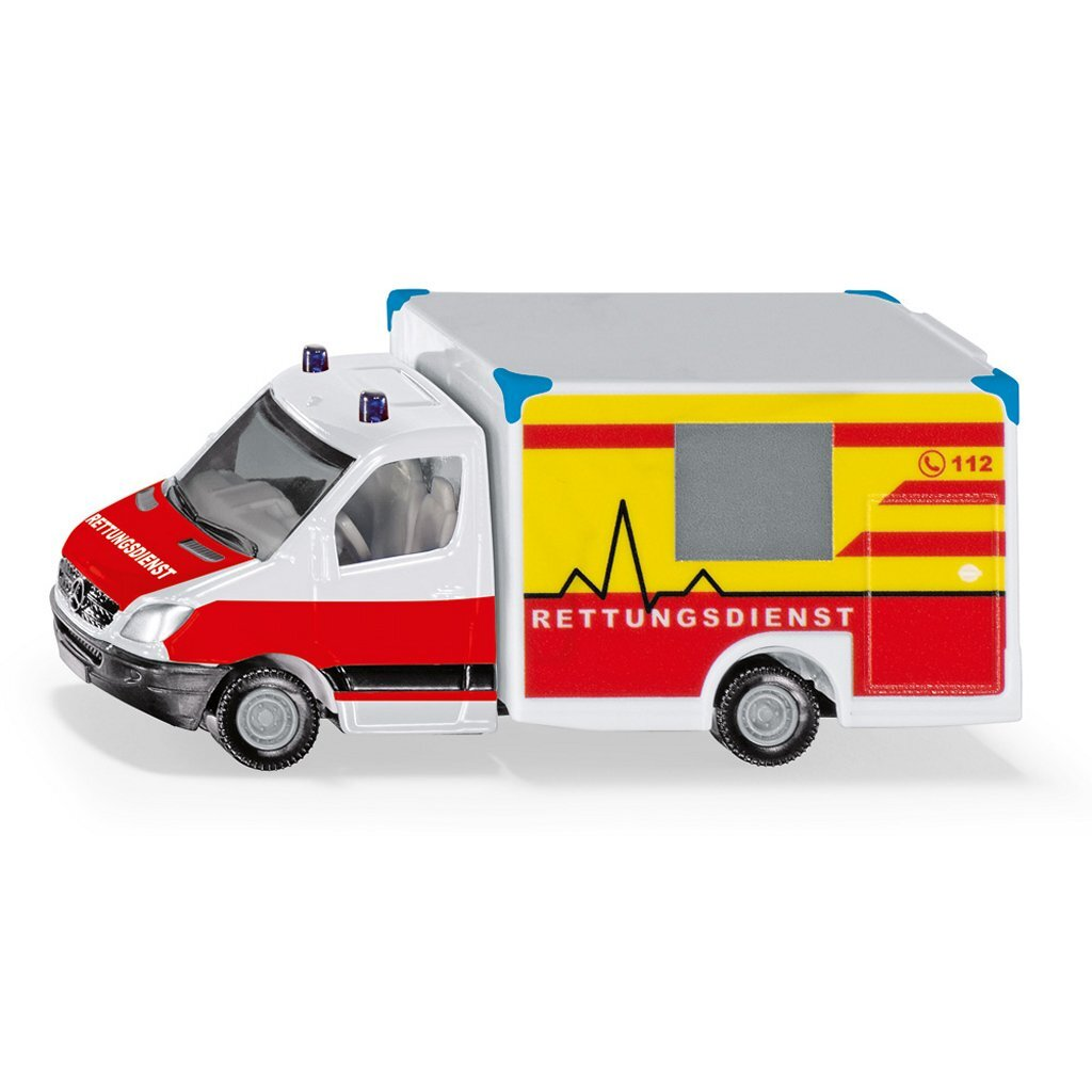 Ein Spielzeug-Rettungswagen mit roten und weißen Streifen und der Aufschrift RETTUNGSDIENST.
