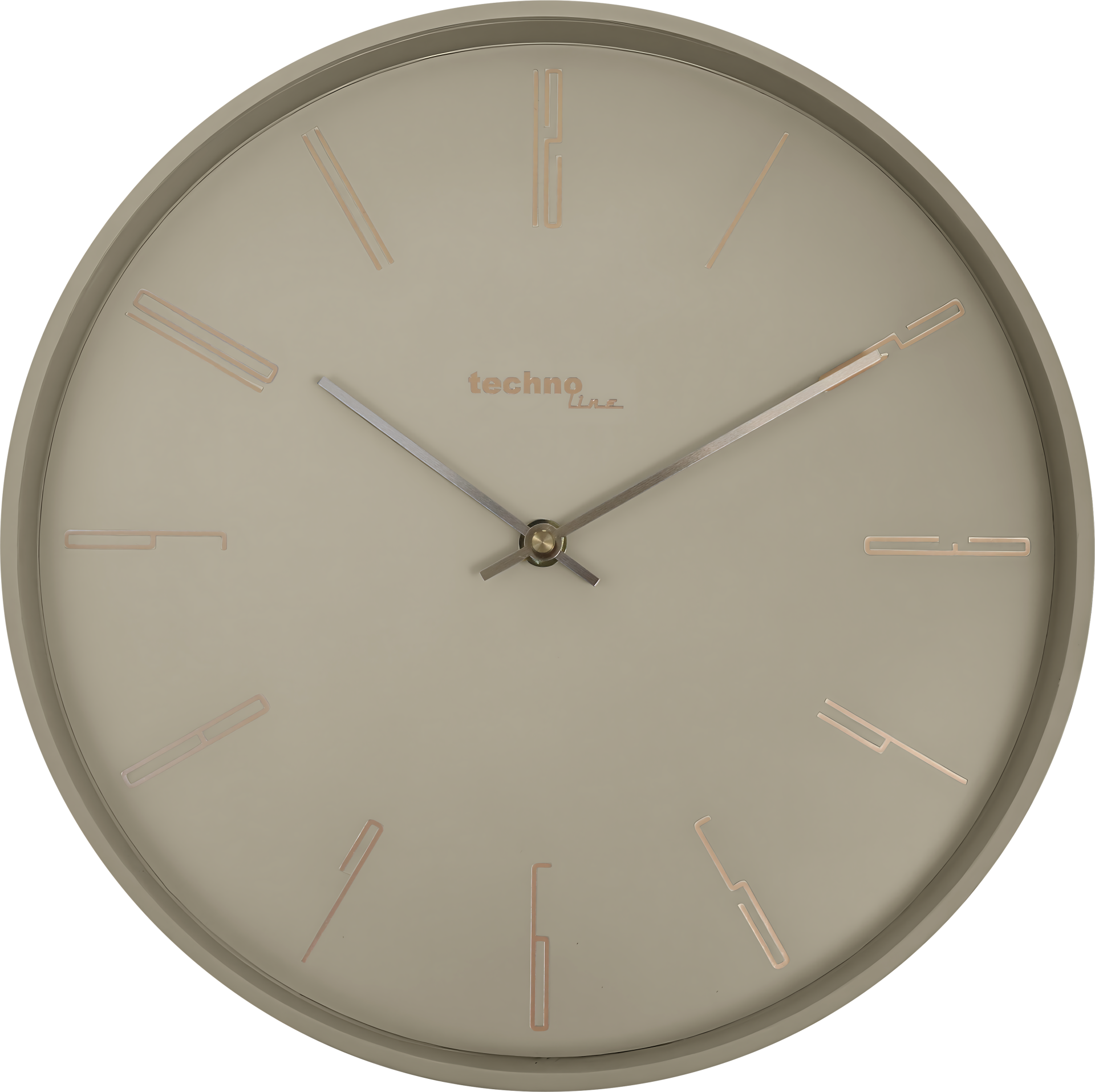 Eine graue Wanduhr mit silbernen Zeigern und kupferfarbenen Stundenmarkierungen.