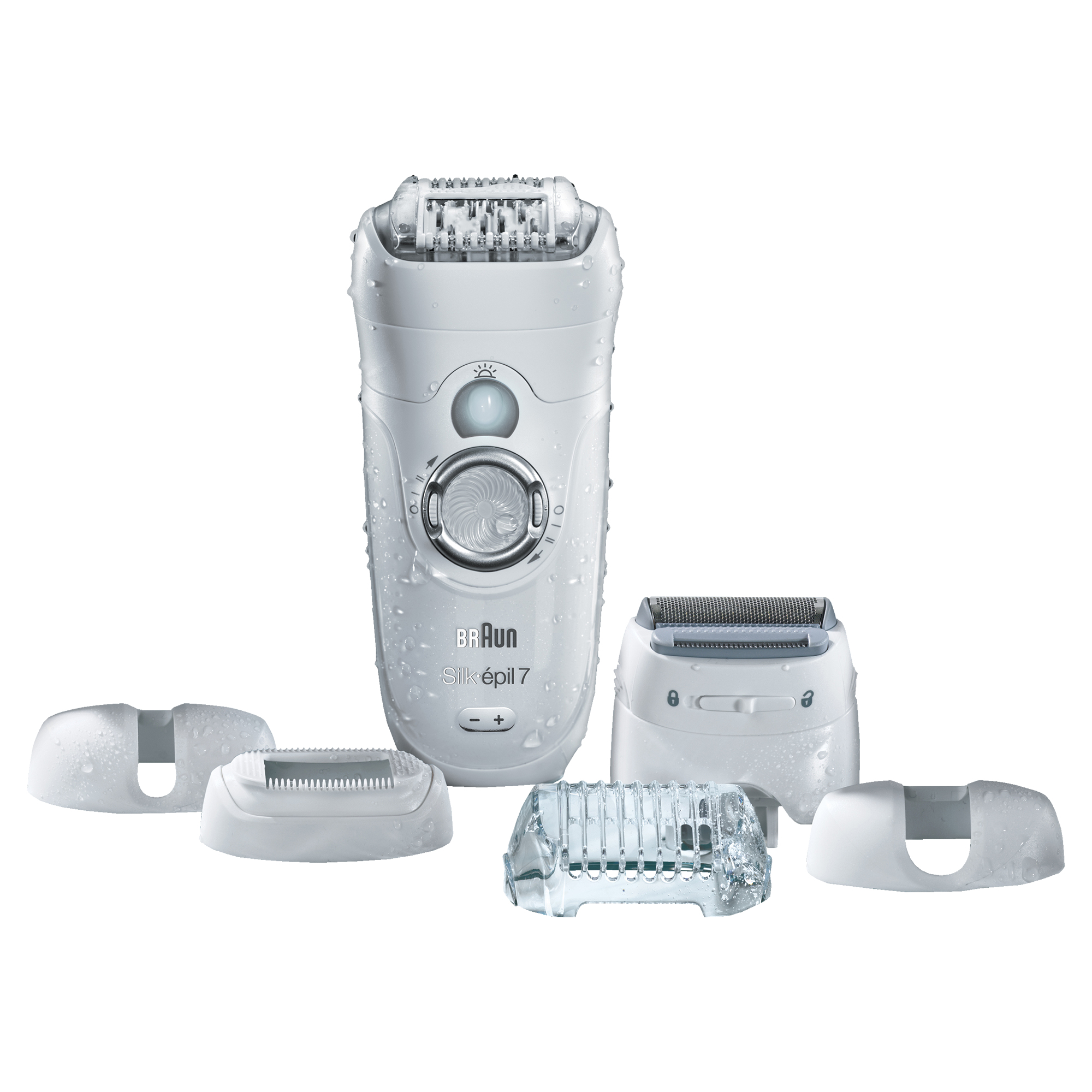 Un epilatore Braun Silk-épil 7 bianco con accessori, tutti bagnati.