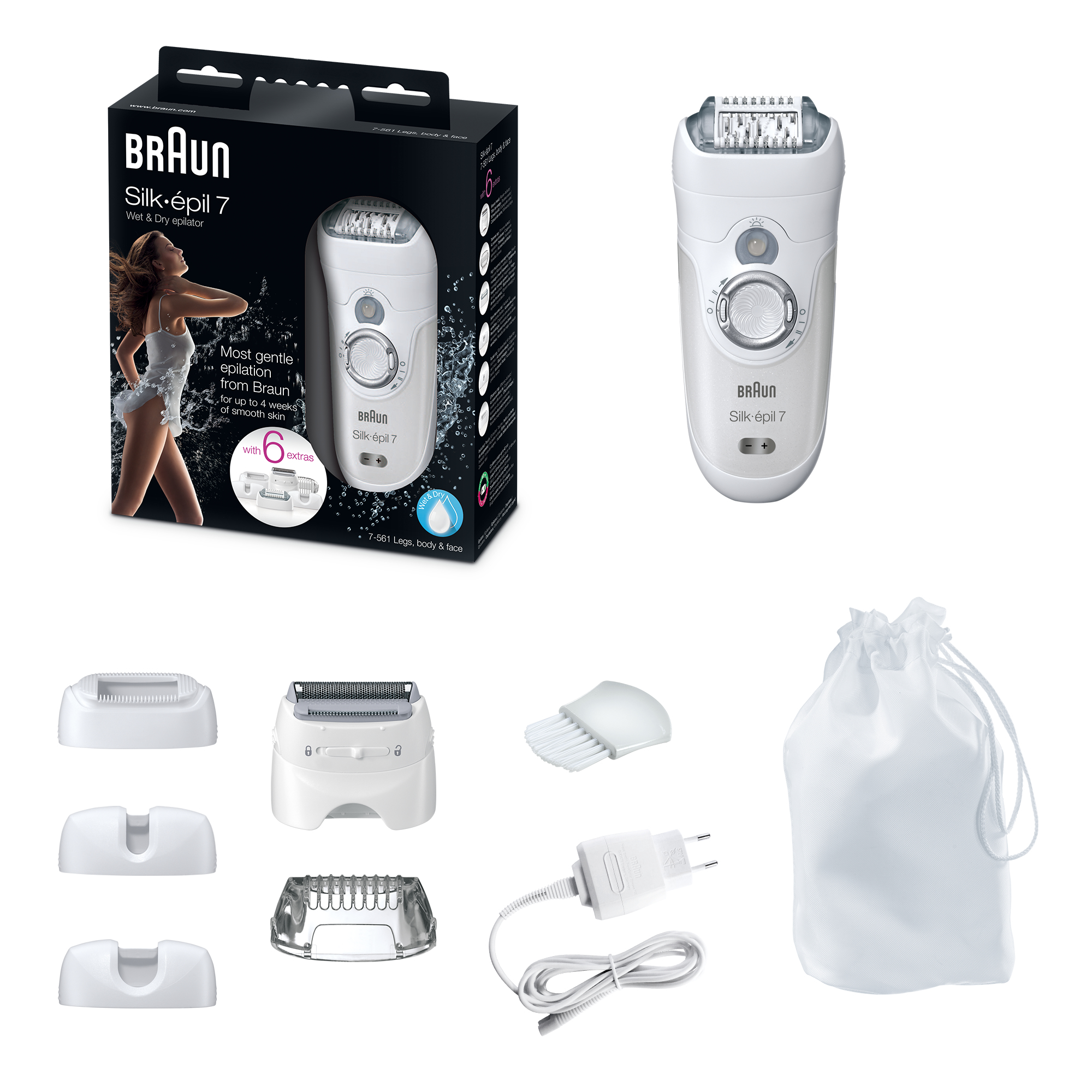Epilatore Braun Silk-épil 7 con accessori: epilatore, accessori, spazzola, caricabatterie e sacchetto.