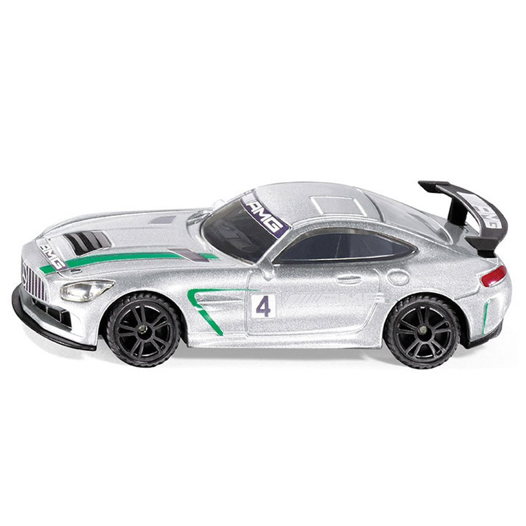 Silbernes Spielzeugauto mit grünen Streifen und der Nummer 4.