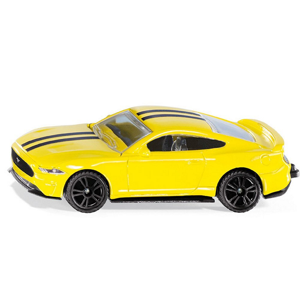 Gelbes Sportcoupé mit schwarzen Streifen auf Motorhaube und Dach.