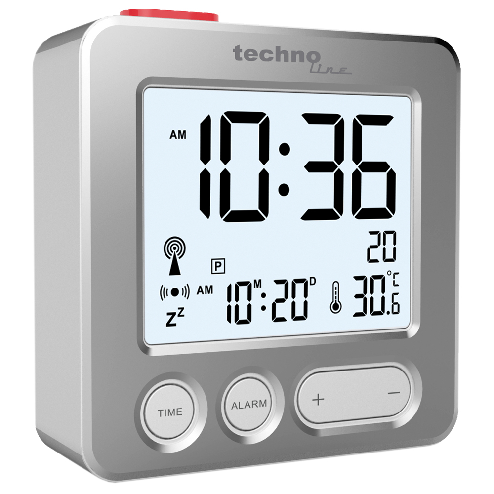 Ein grauer Digitalwecker zeigt 10:36 Uhr, 10:20 Uhr und 30,6 Grad Celsius an.