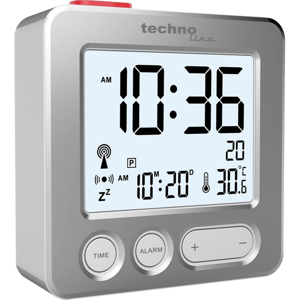 Digitaler Wecker zeigt 10:36, mit Temperatur, Datum und Funksignal.