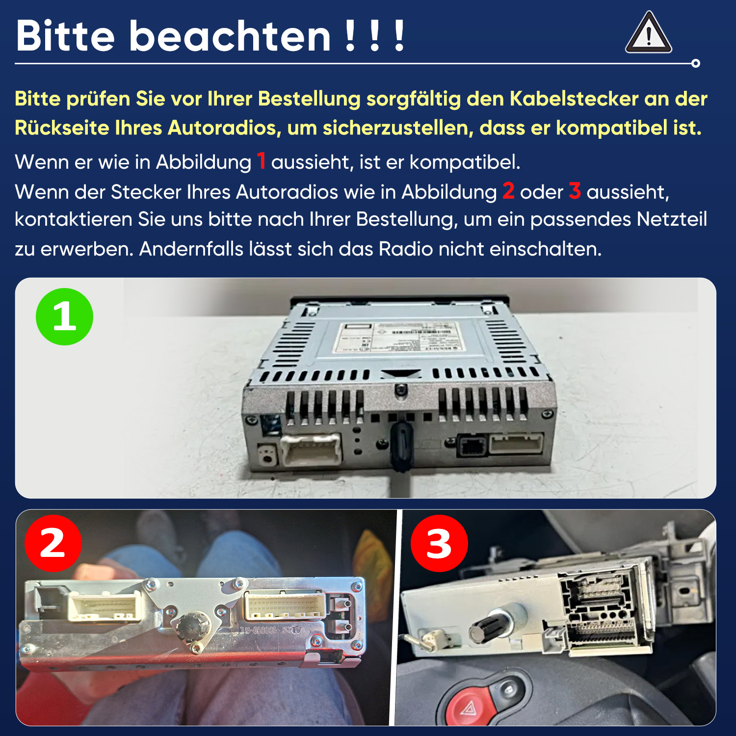 Drei Bilder zeigen Autoradio-Anschlüsse. Bild 1 ist kompatibel.