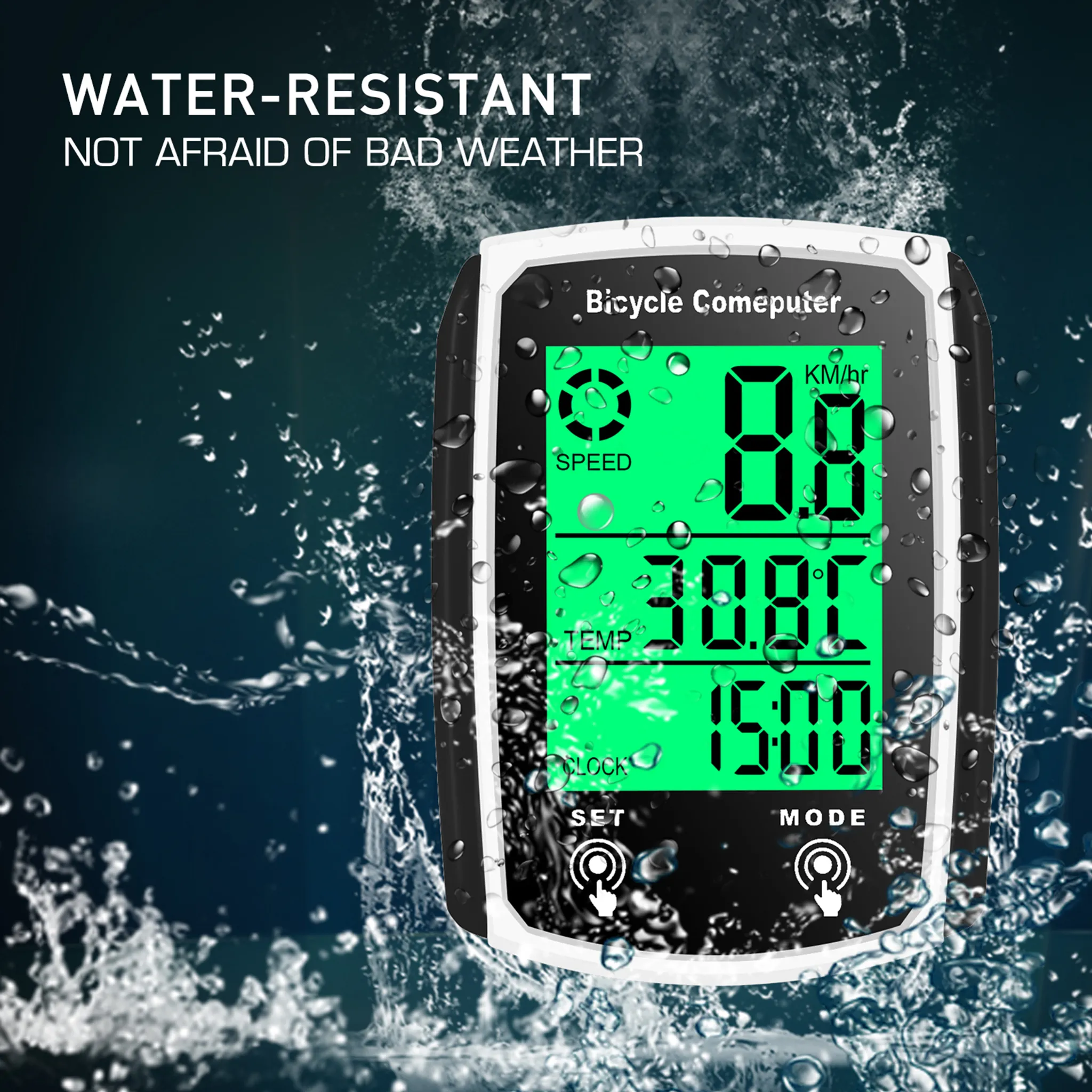 Wasserdichter Fahrradcomputer mit grüner Anzeige für Geschwindigkeit, Temperatur und Uhrzeit.