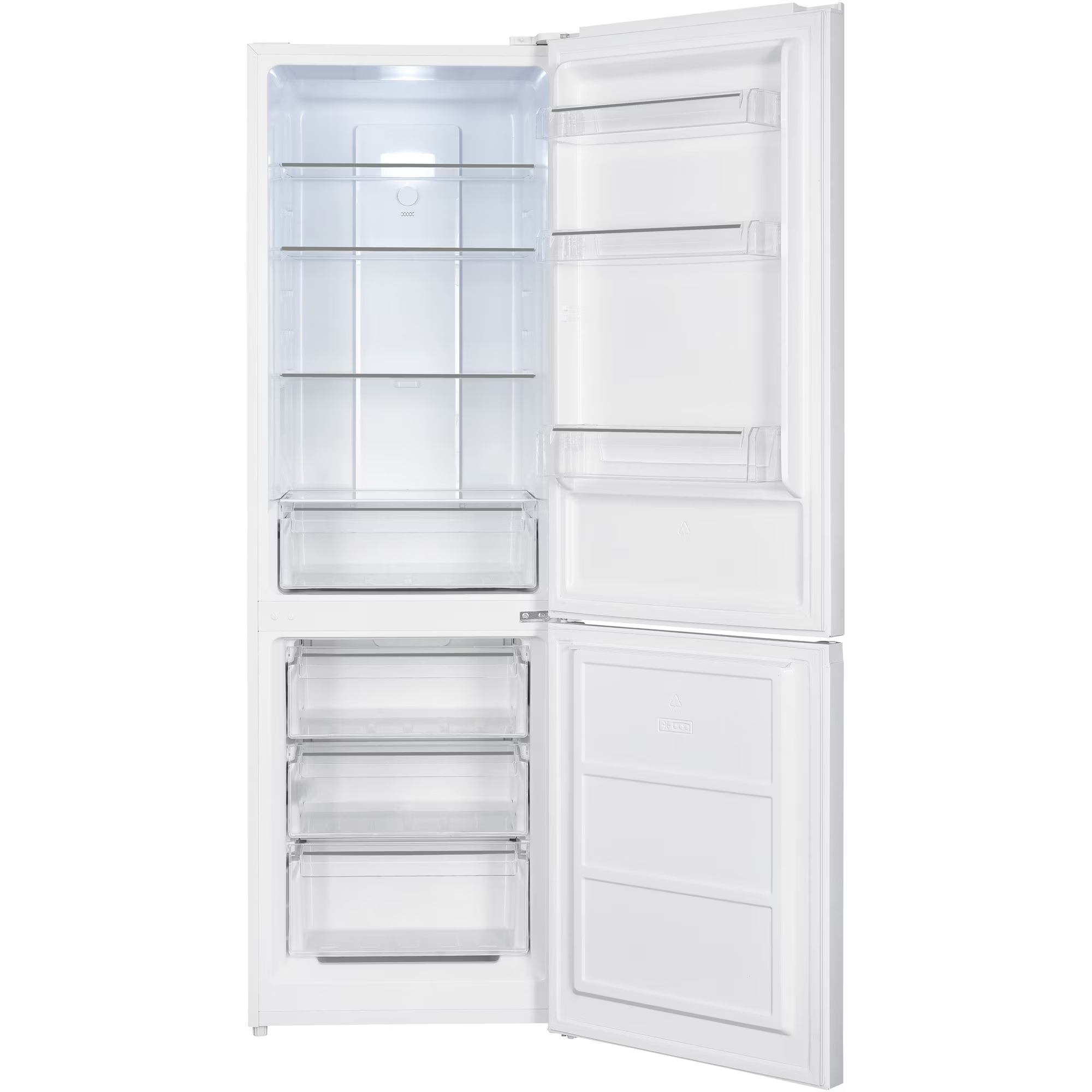 Ein leerer, weißer Kühlschrank mit geöffneter Tür und transparenten Schubladen.