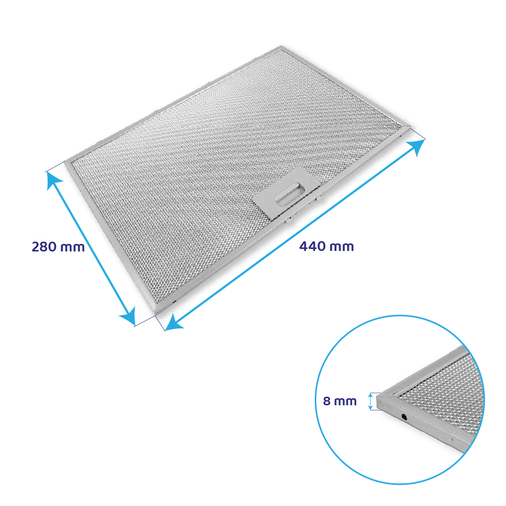 Un filtro argentato per cappa da cucina, misure 440x280 mm, spessore 8 mm.