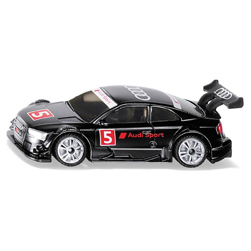 Schwarzes Audi Sport Spielzeugauto mit Spoiler, Nummer 5 und Audi-Logo.