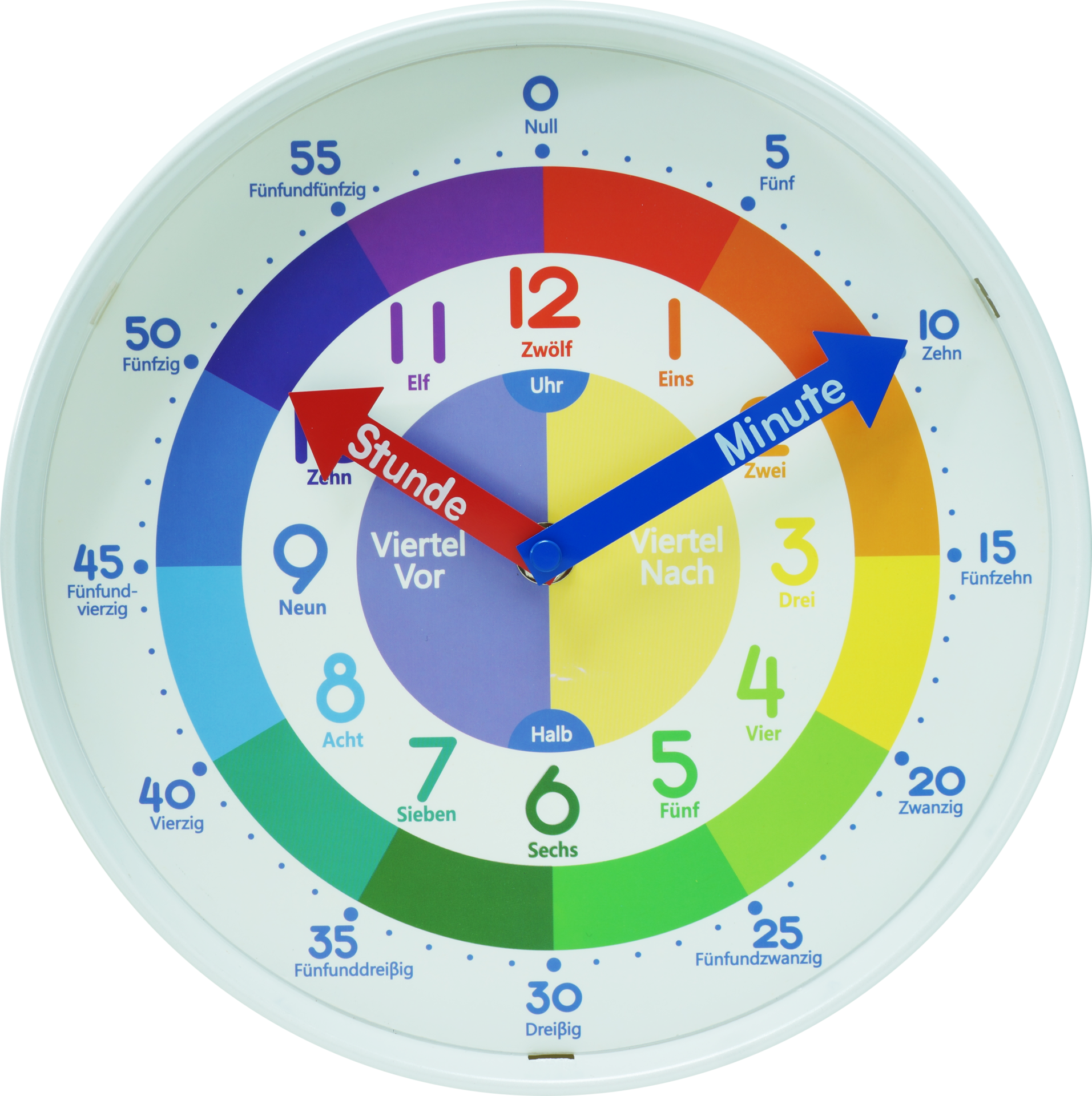 Eine bunte Lernuhr mit roten Stunden- und blauen Minutenzeigern.
