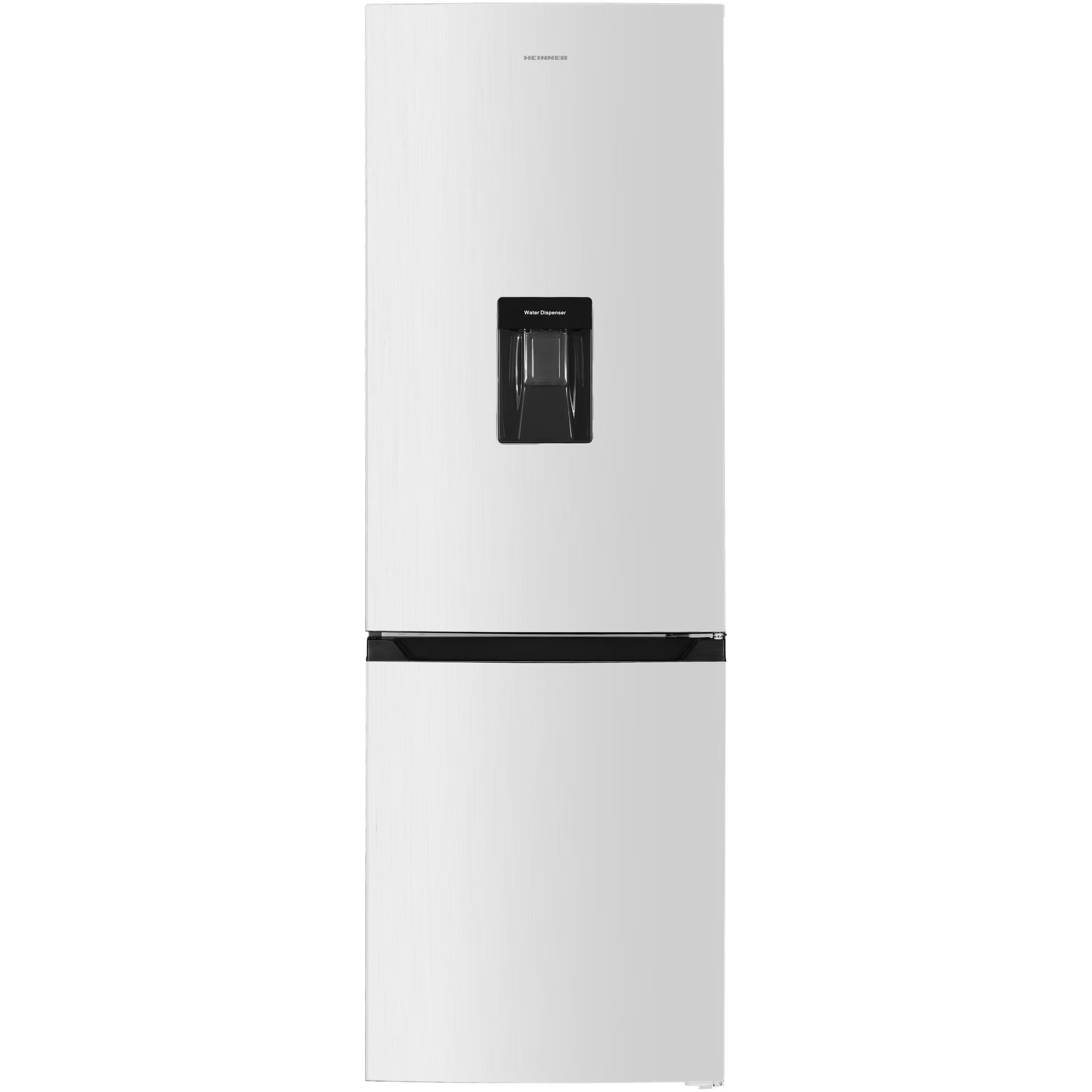 Ein weißer Kühlschrank mit Wasserspender und schwarzem Griff.