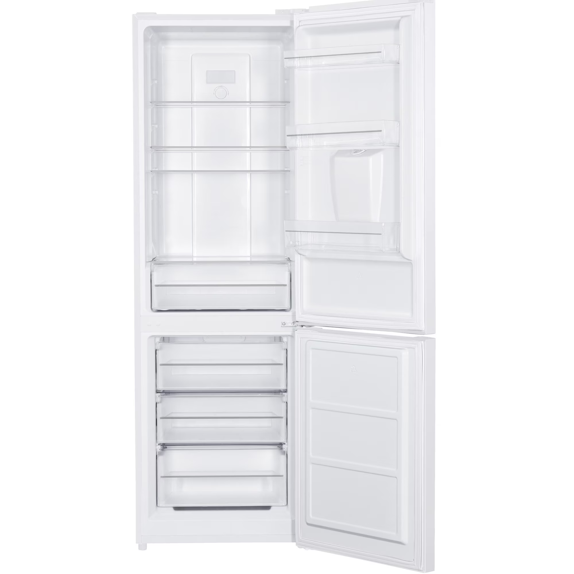 Ein leerer weißer Kühlschrank mit ausgezogenen Schubladen und offenen Türen.