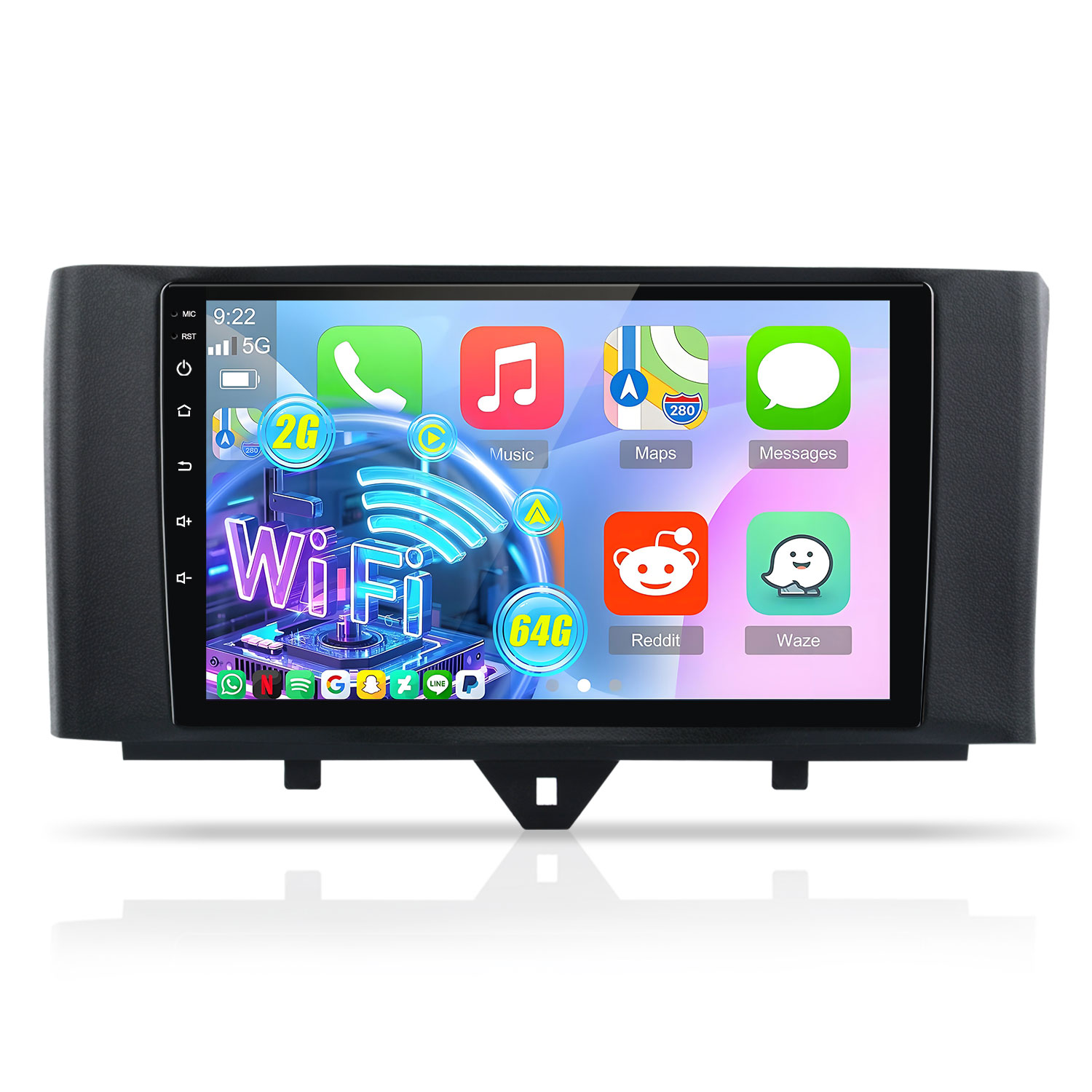 Ein Autoradio-Touchscreen zeigt App-Icons wie Telefon, Musik, Karten und Nachrichten.