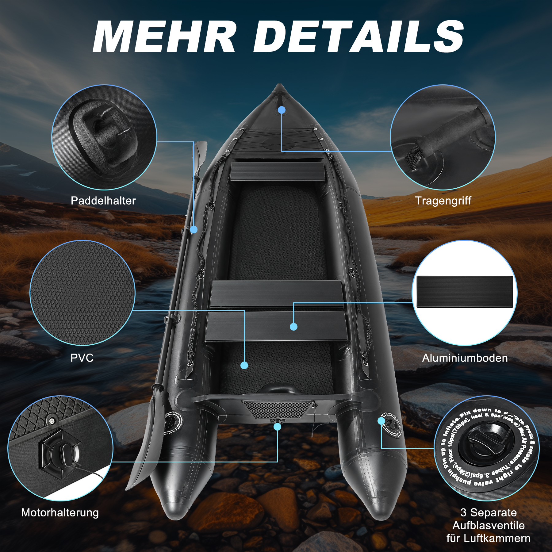 Schwarzes Schlauchboot mit Details wie Paddelhalter, Griff, PVC und Aluminiumboden.