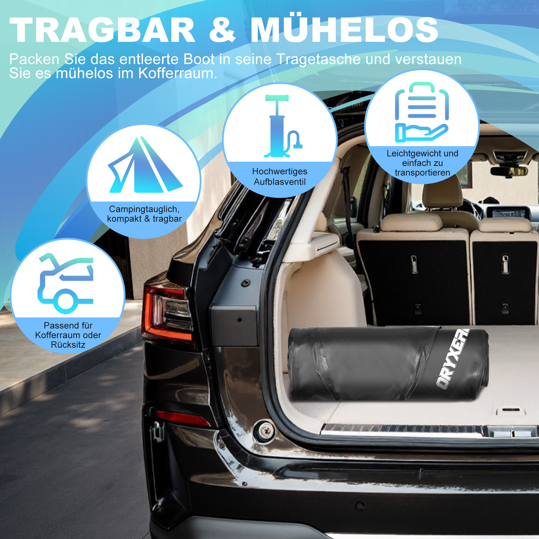 Schwarzes, aufgerolltes Schlauchboot im Kofferraum eines Autos, mit Icons für Camping, Pumpe, Transport.