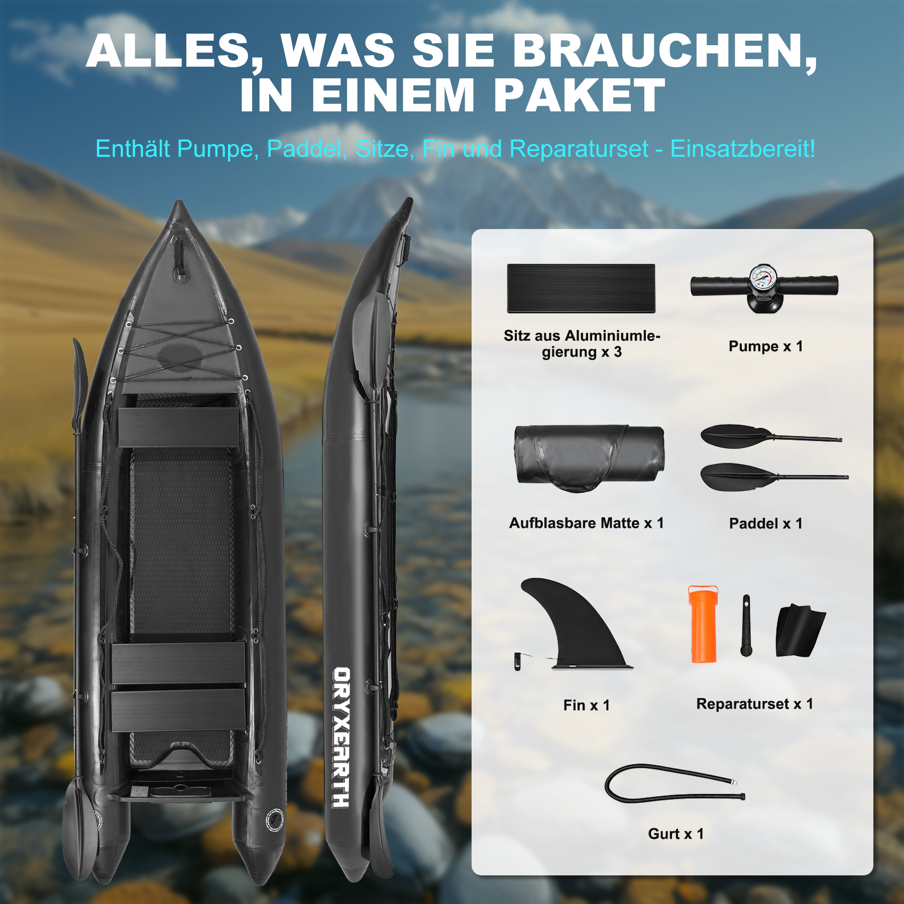 Schwarzes Kajak mit Zubehör: Pumpe, Paddel, Sitze, Finne, Reparaturset.