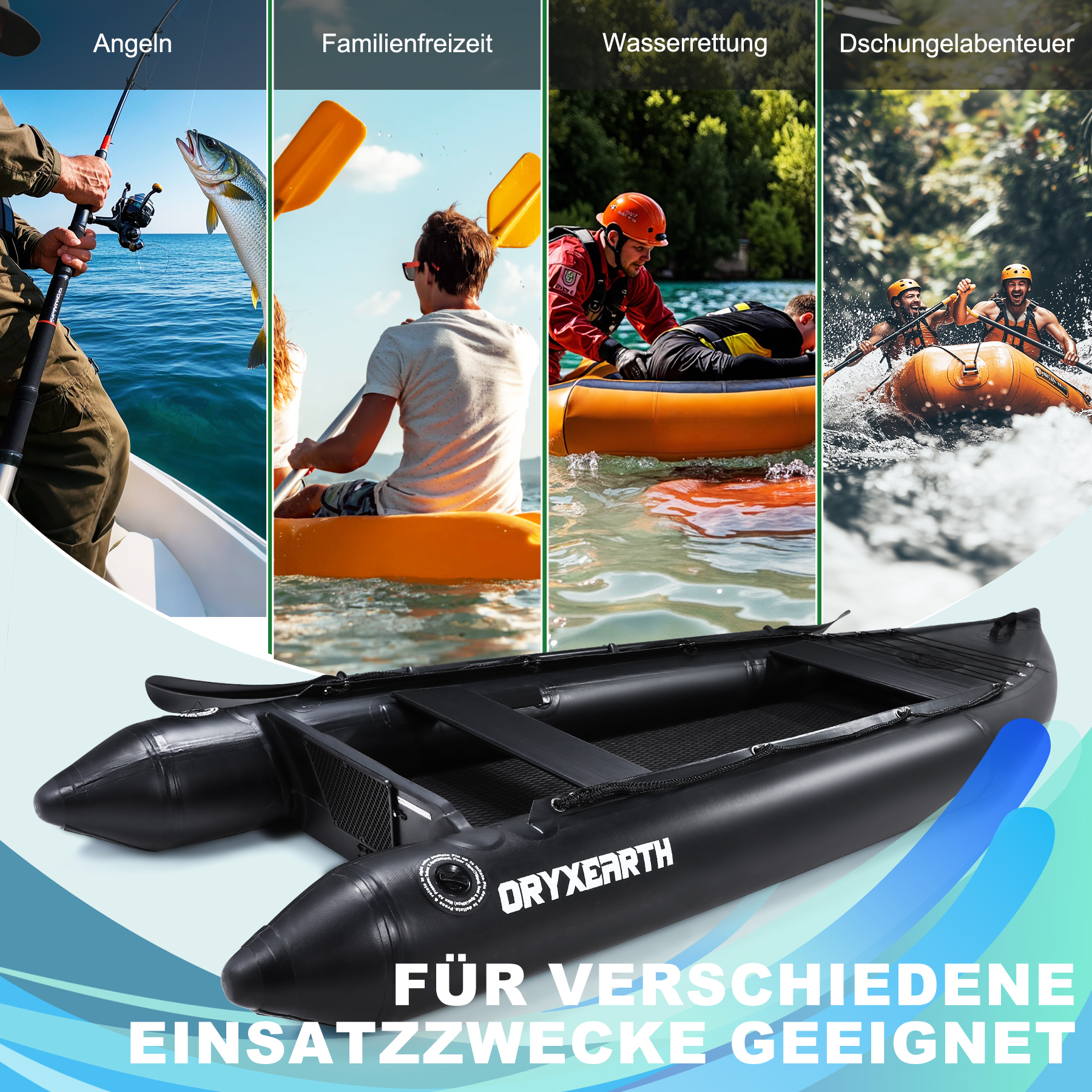 Vier Szenen: Angeln, Kajakfahren, Wasserrettung, Rafting. Schwarzes Schlauchboot.