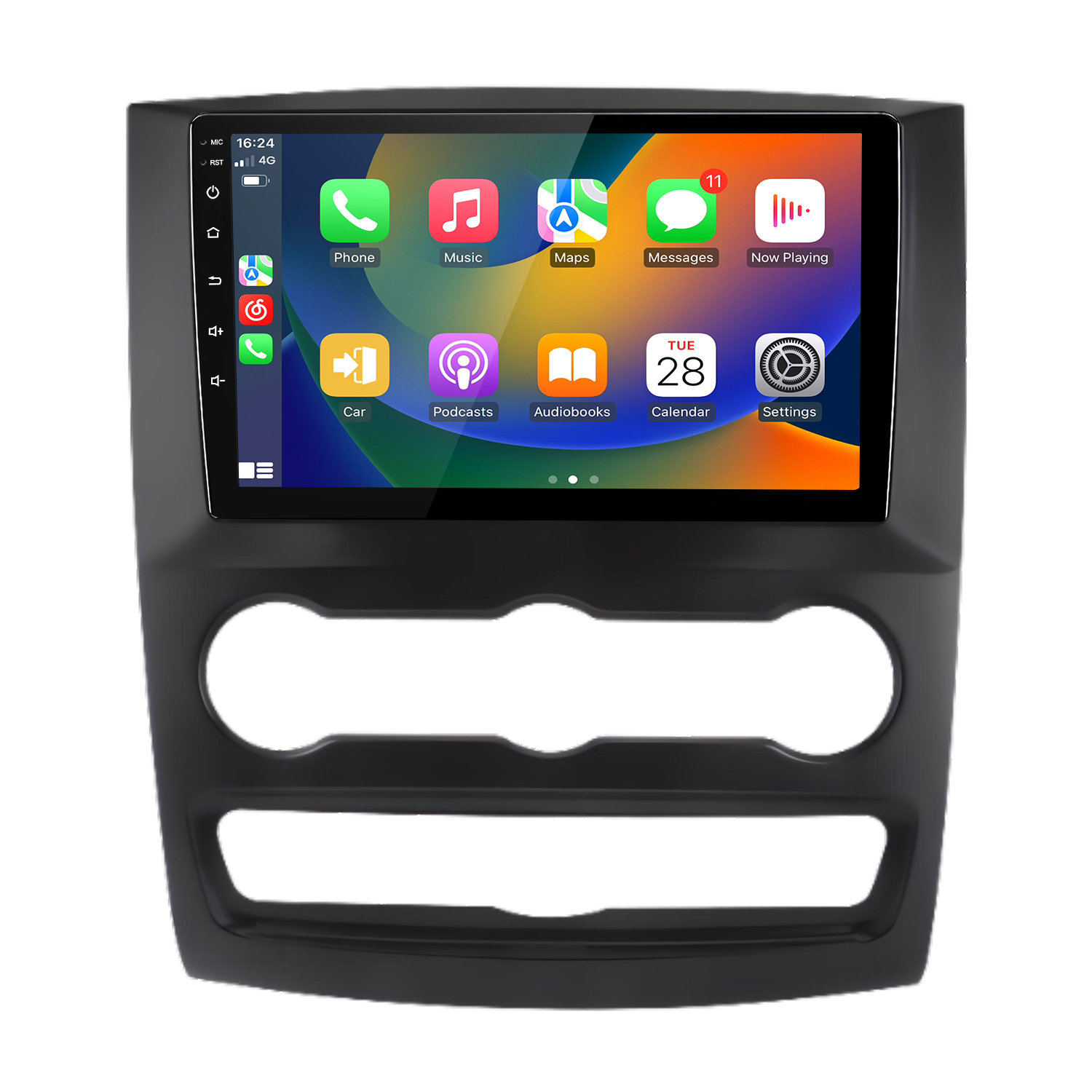 Ein Autoradio-Touchscreen mit App-Symbolen und einem schwarzen Bedienfeld darunter.