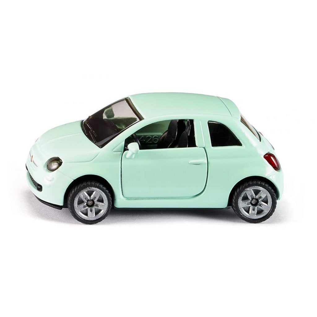 Hellgrüne Spielzeugauto-Nachbildung eines Fiat 500 mit schwarzen Fenstern.