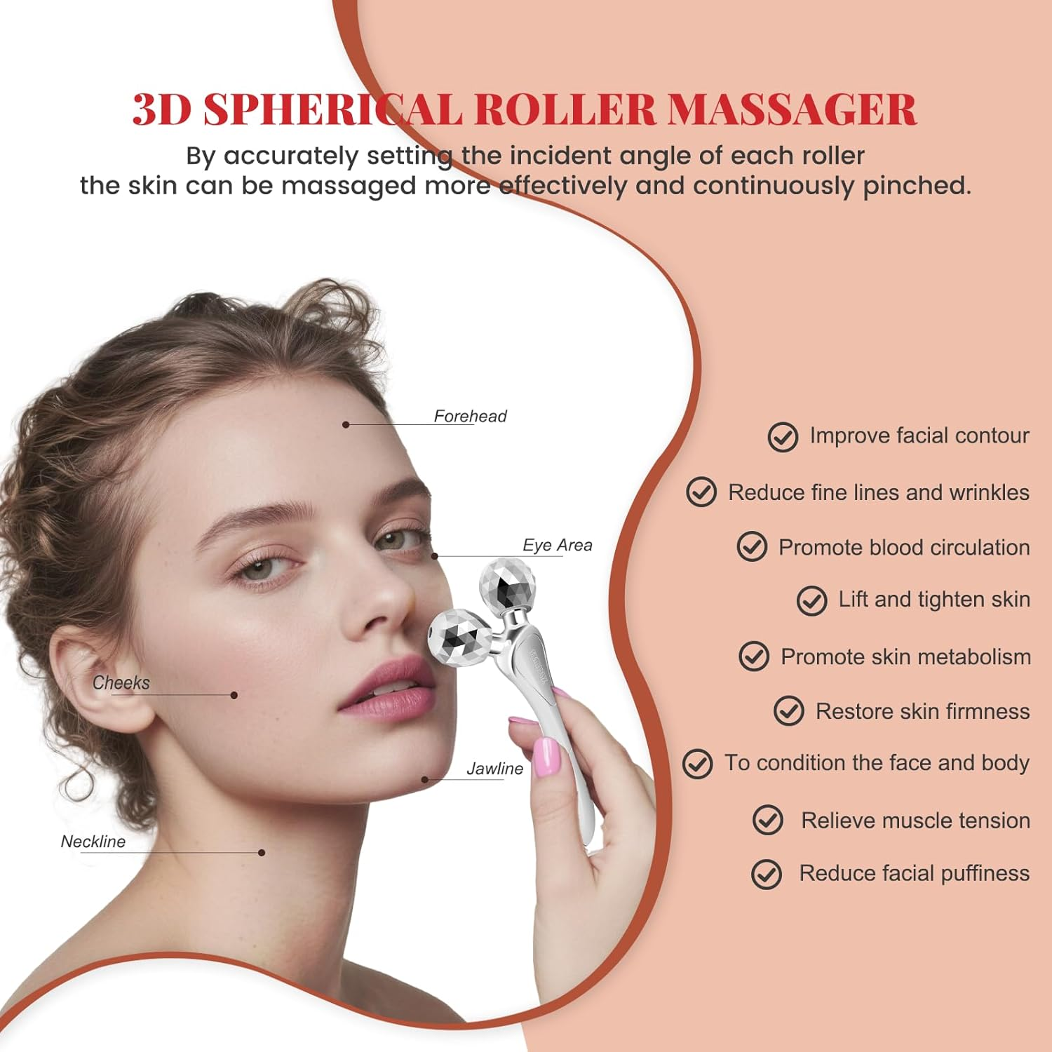 Eine Frau mit einem 3D-Gesichtsmassagegerät, das auf die Wangen, Stirn und Kieferpartie abzielt.