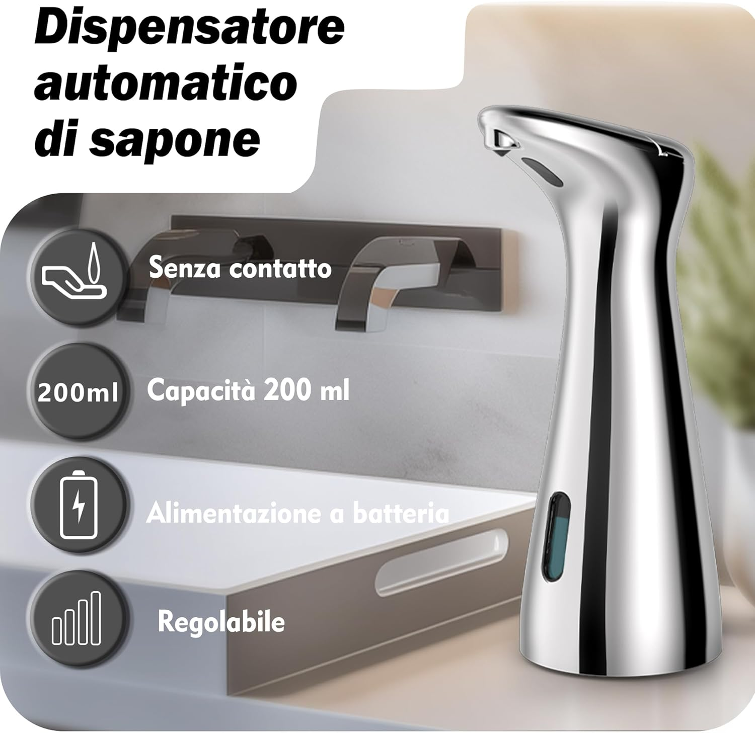 Automatischer Seifenspender mit 200ml Kapazität, berührungslos, batteriebetrieben.