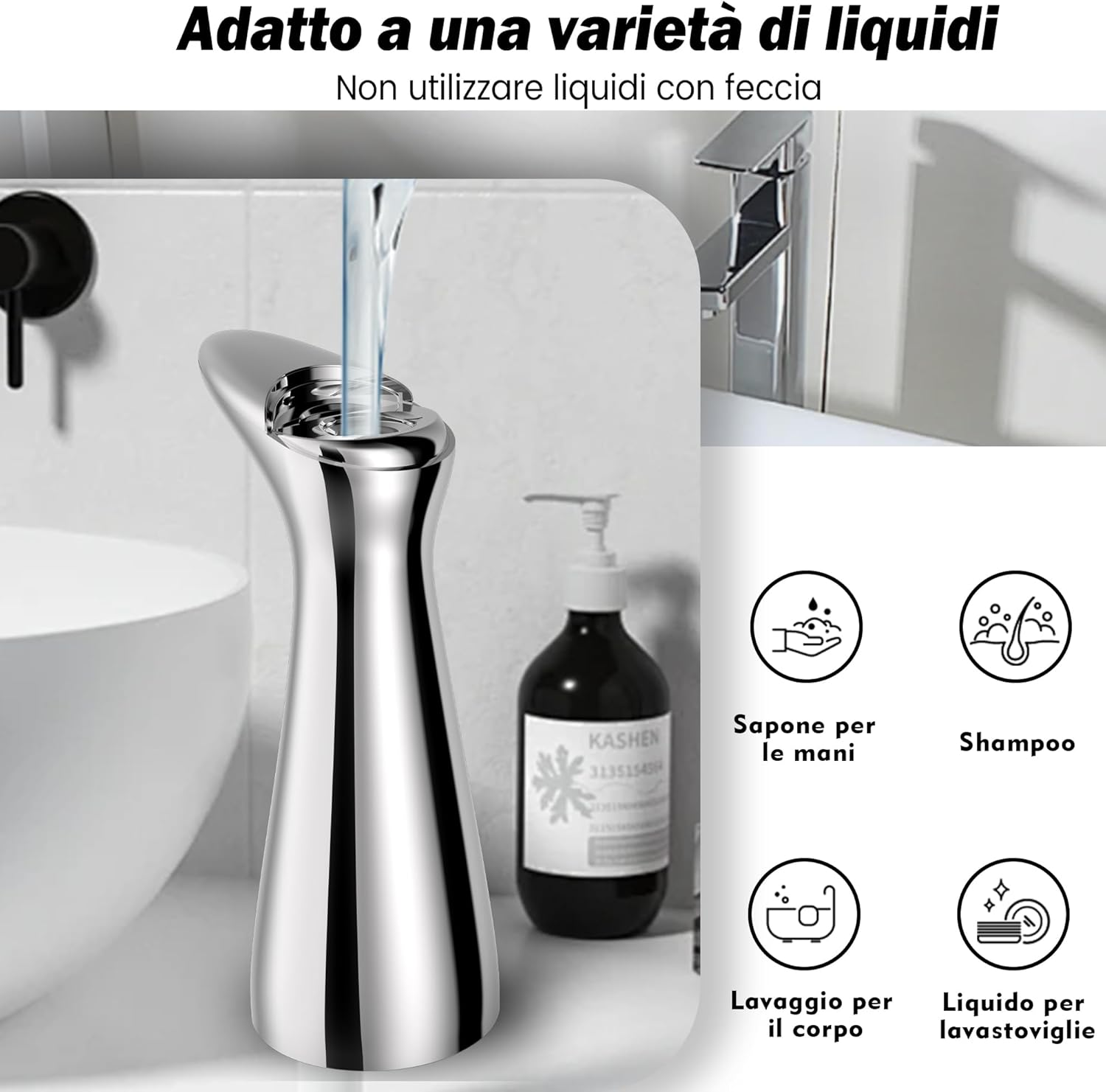Automatischer Seifenspender mit Wasserstrahl, daneben Seife und Icons für Badeprodukte.