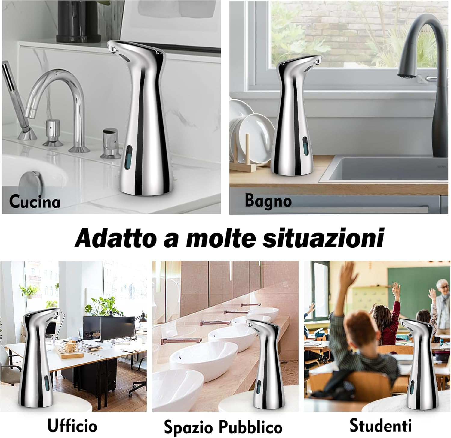 Ein silberner Seifenspender neben einem Wasserhahn in einer Küche, einem Badezimmer, einem Büro, einem öffentlichen Raum und einem Klassenzimmer.