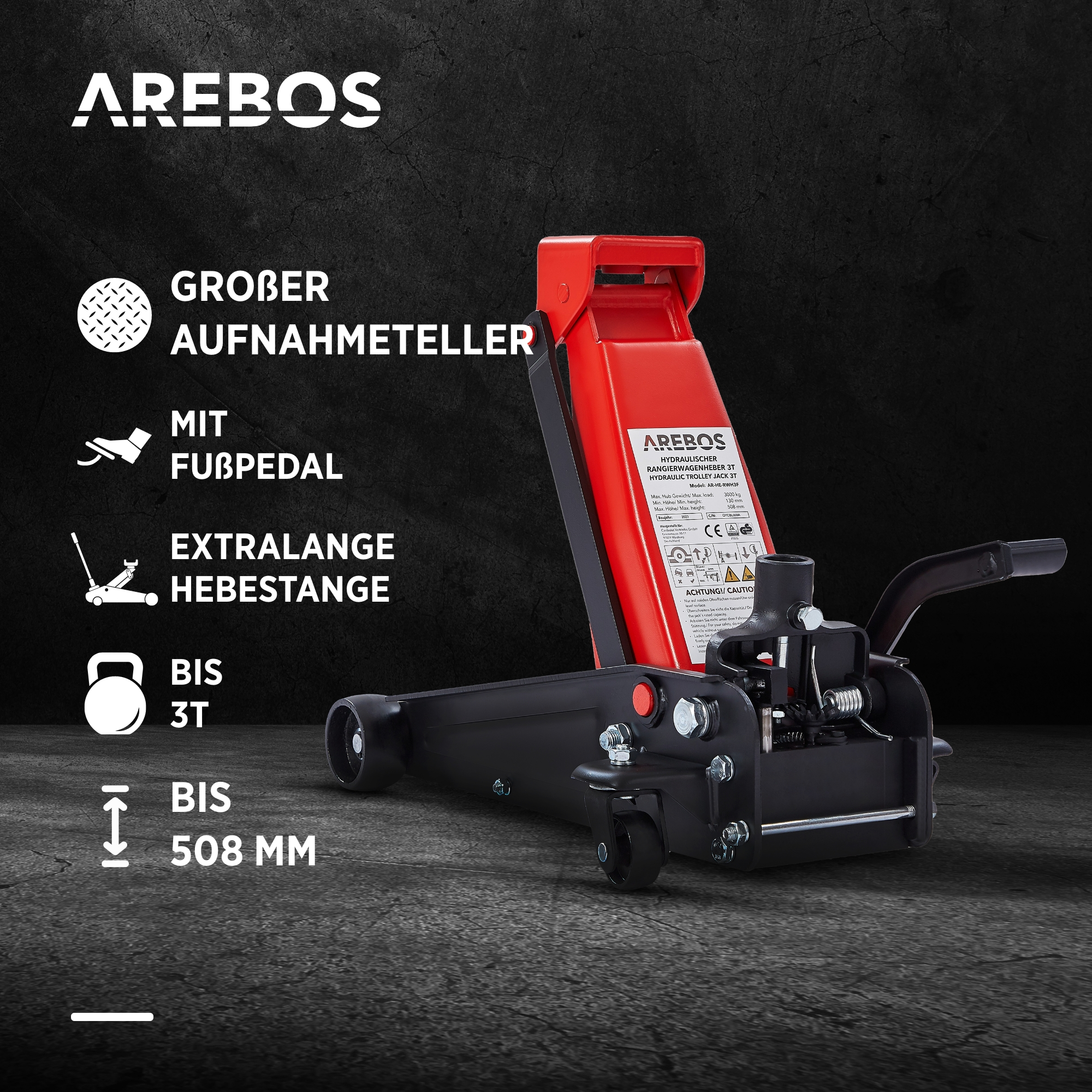 Ein roter und schwarzer hydraulischer Wagenheber von AREBOS mit Fußpedal.
