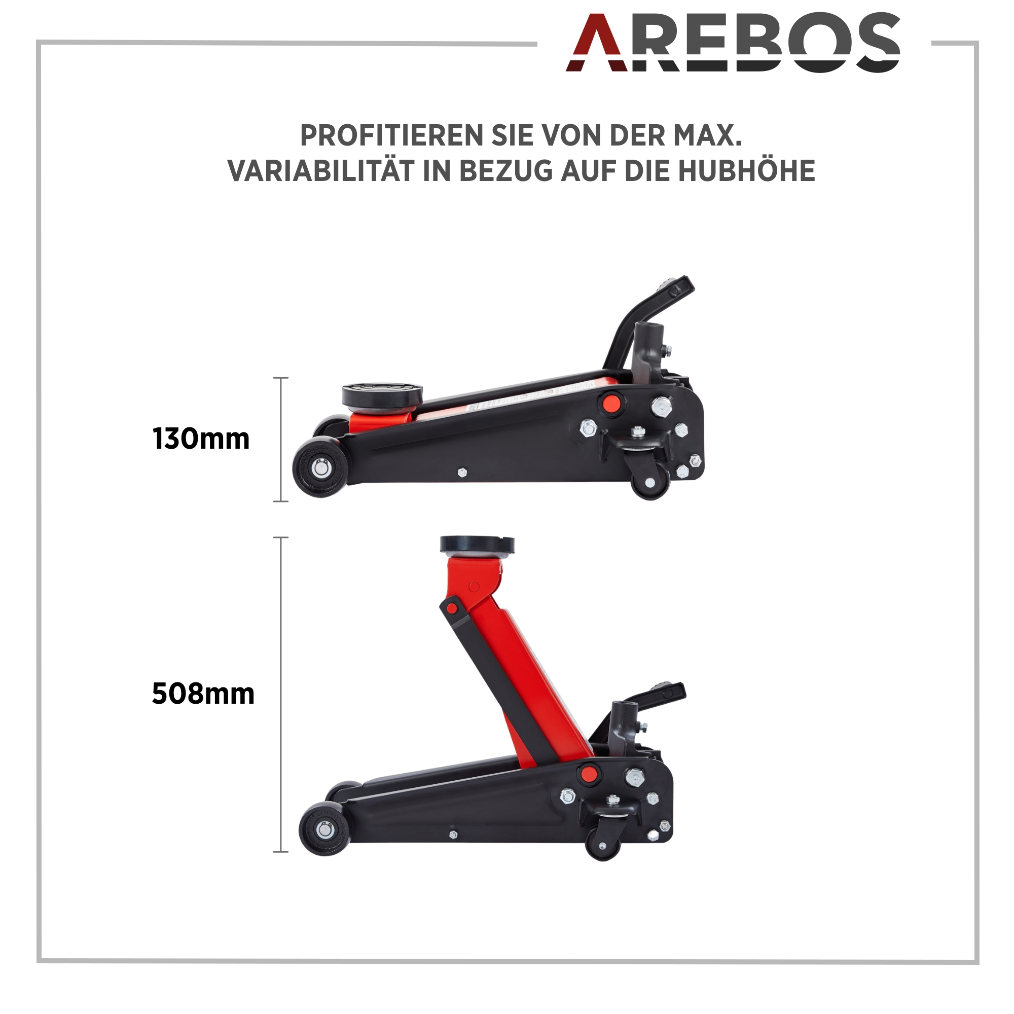 Zwei Wagenheber in Schwarz und Rot, einer niedrig (130mm) und einer angehoben (508mm).